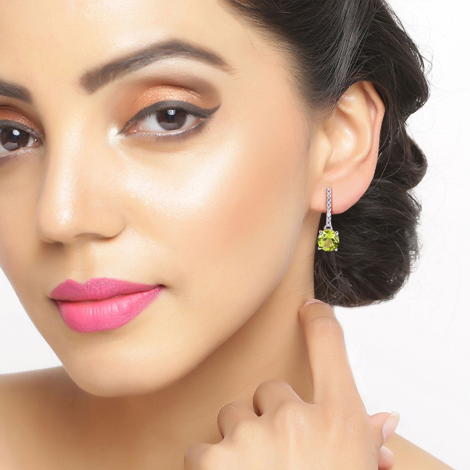 Genuine Peridot and Diamond Silver Earrings