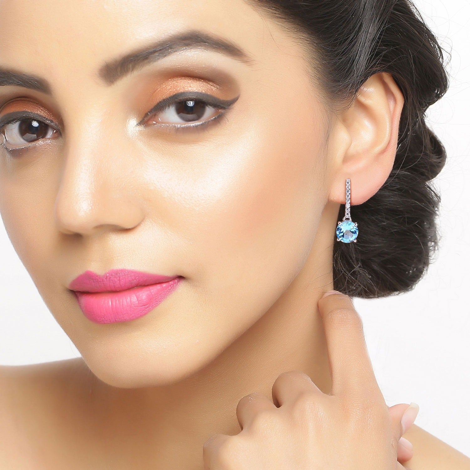 Genuine Swiss Blue Topaz and Lab Diamond Silver Earrings