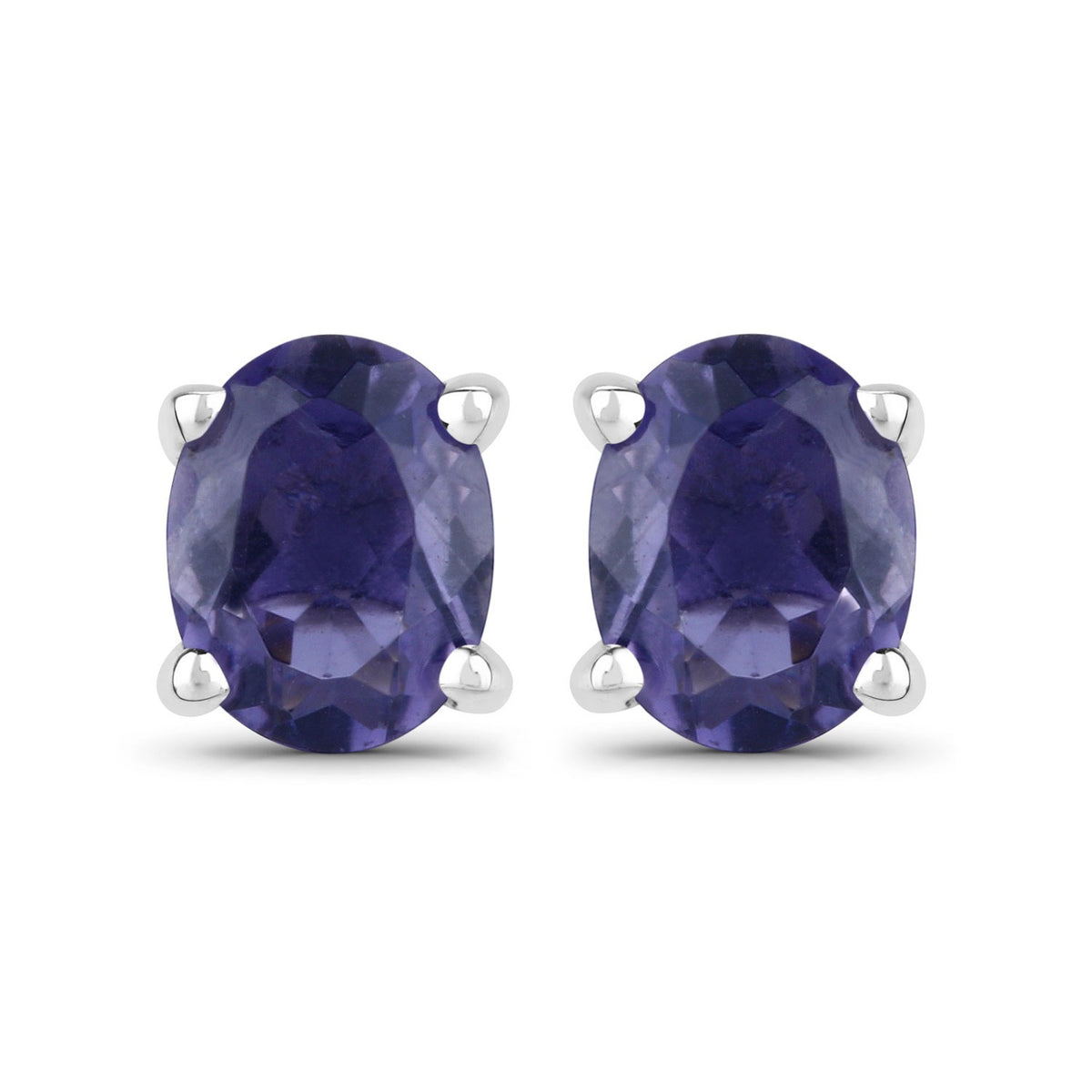 0.62 Ct Oval Blue Iolite Sterling Silver Rhodium-Plated 4 Prong Stud Earrings