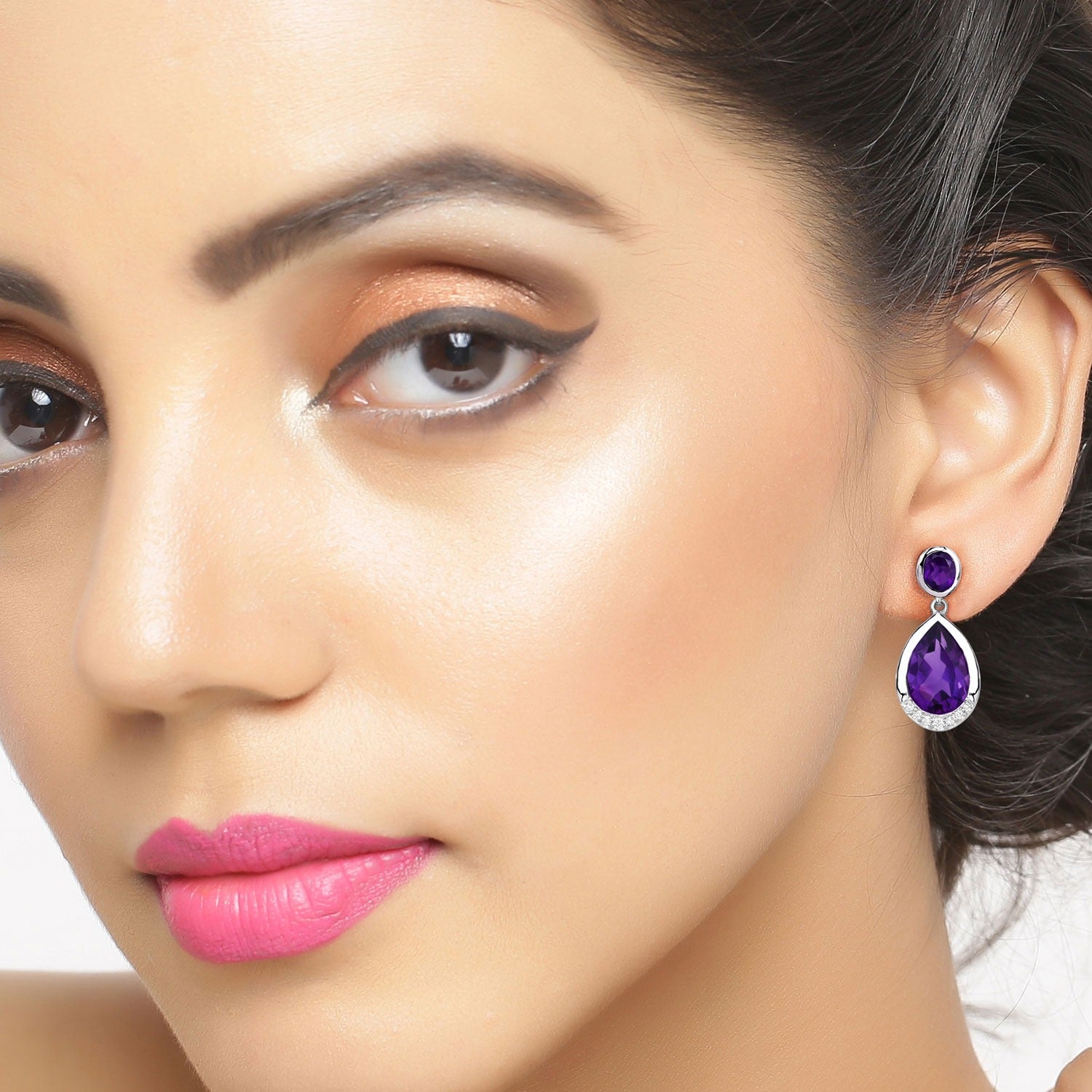 Genuine Amethyst and Lab Diamond Silver Earrings