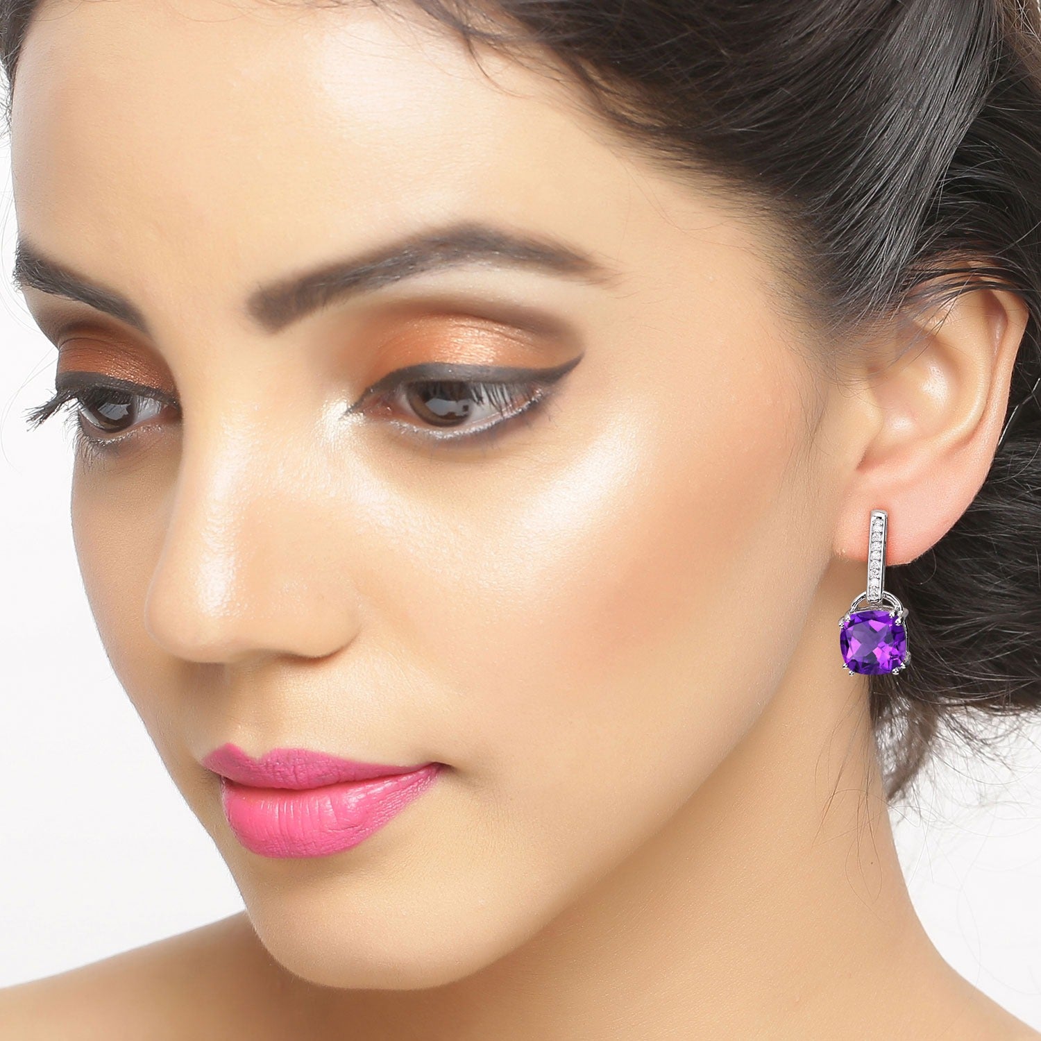 Genuine Amethyst Lab Diamond Silver Dangle Earrings