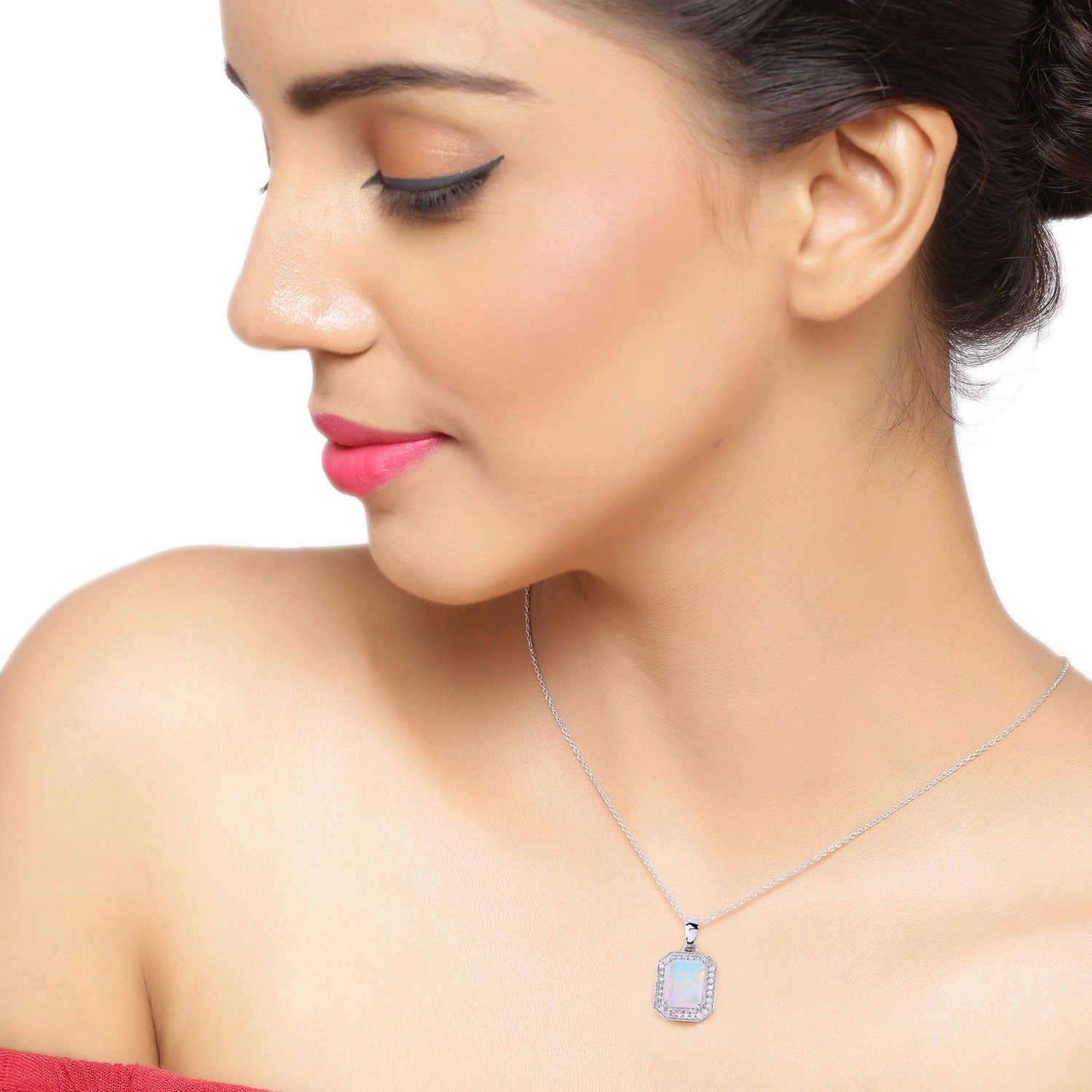 1.39 Ct Genuine Ethiopian Opal and Lab Diamond Silver Halo Necklace