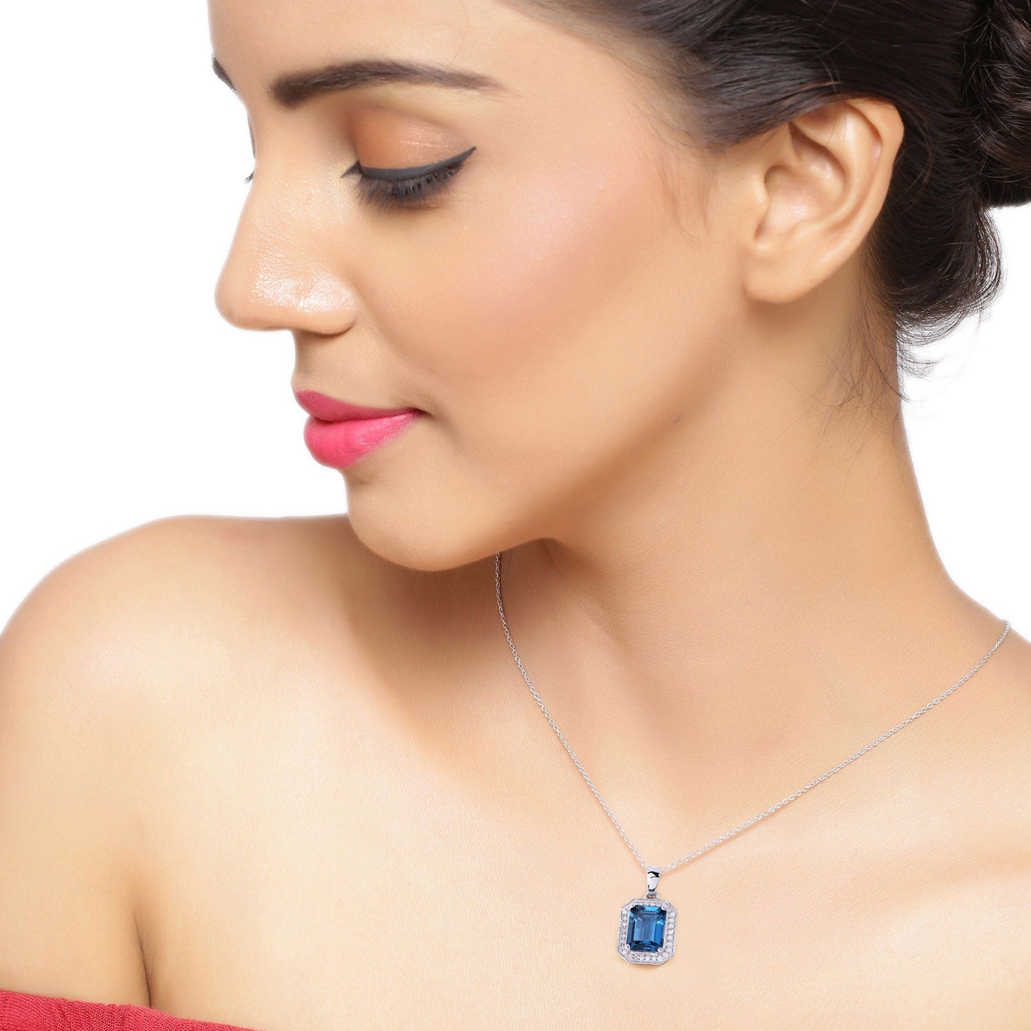 2.78 Ct Genuine London Blue Topaz and Lab Diamond Silver Halo Necklace