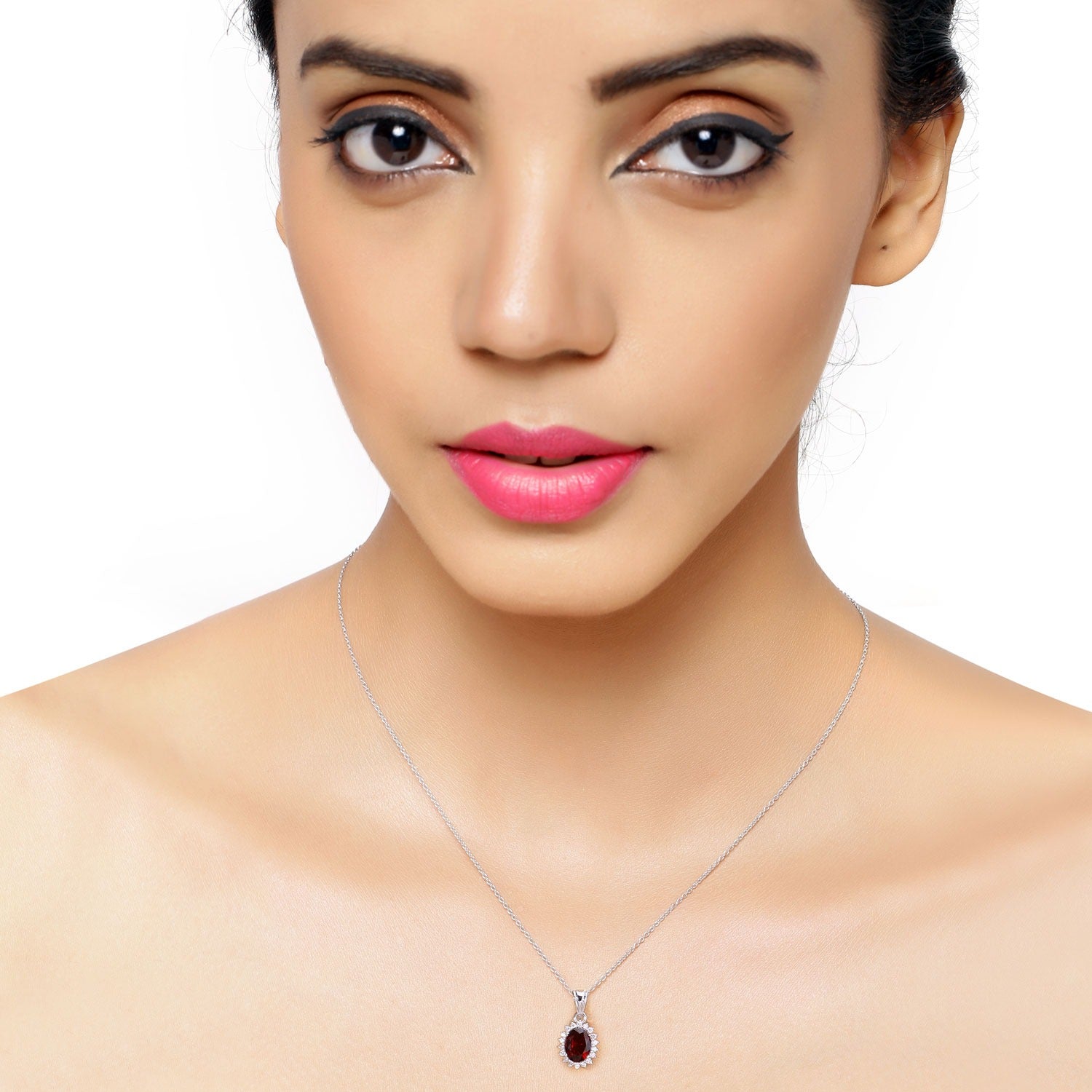2.27 Carat Genuine Mozambique Garnet and Lab Diamond Silver Halo Necklace
