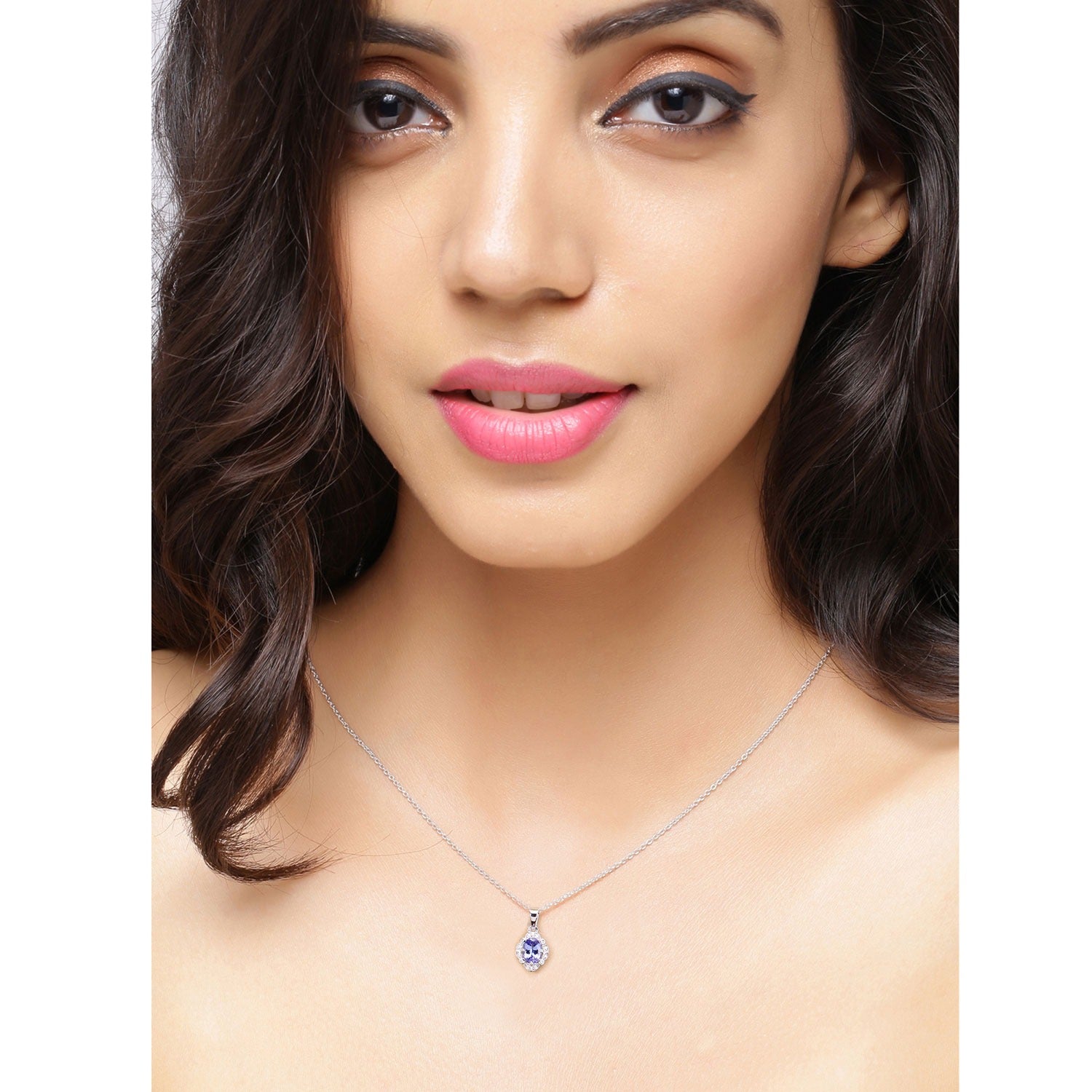 0.81 Ct Genuine Oval Tanzanite and Lab Diamond Silver Halo Necklace