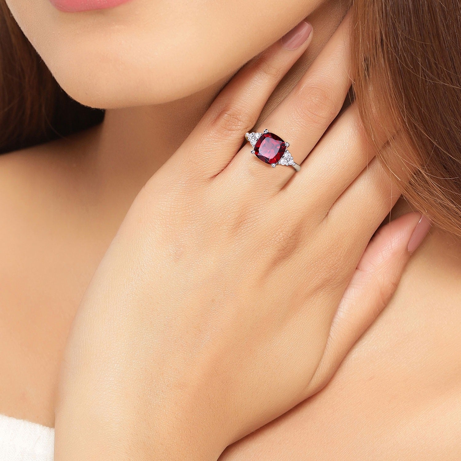 3.71 Ct Genuine Mozambique Garnet and Lab Diamond Silver Cushion Cocktail Ring Fine Color Jewels