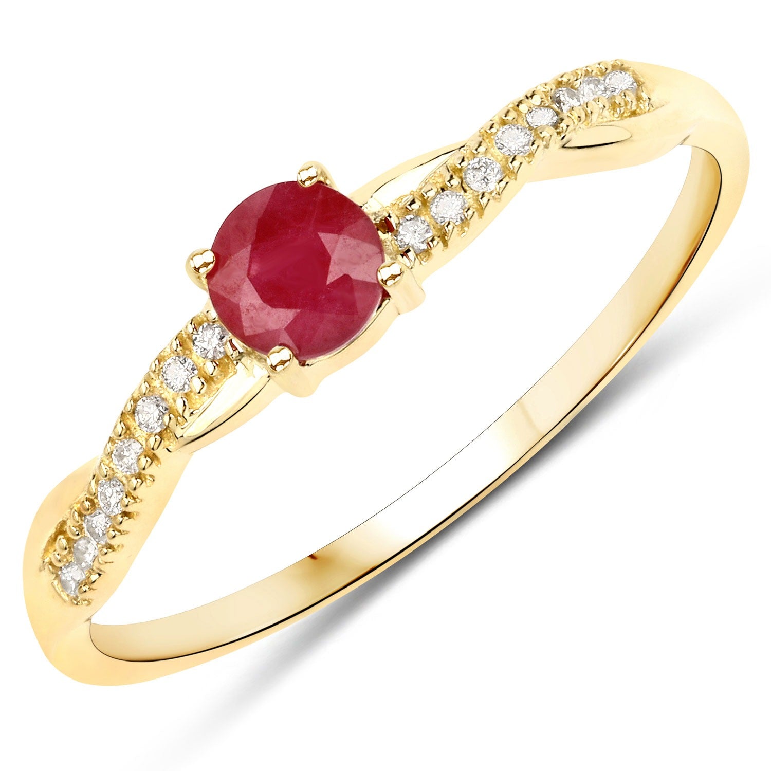 0.34 Ct Round Cut Pink Ruby and White Diamond Prong 10K Yellow Gold Solitaire Pave Ring