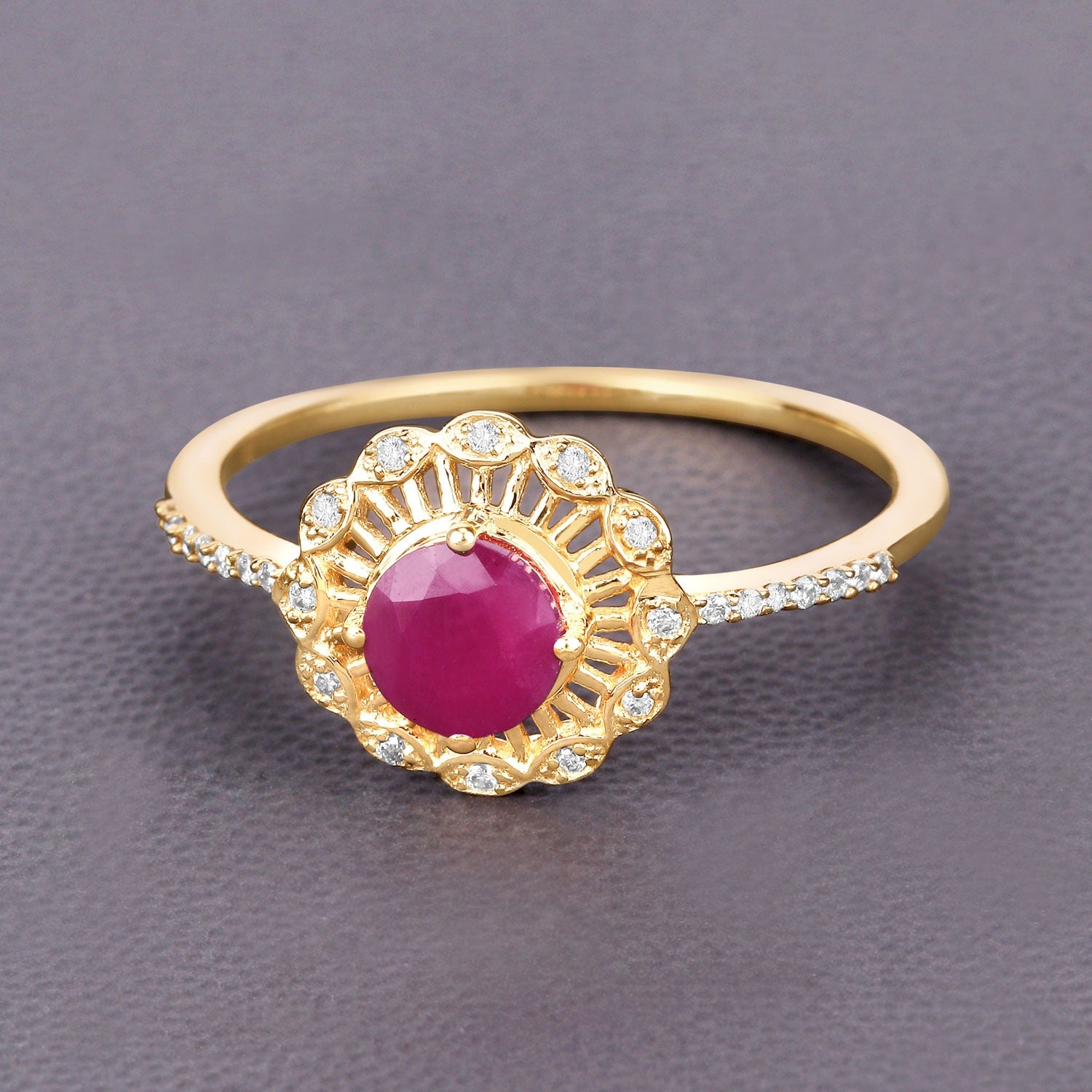 0.68 Ct Round Cut Pink Ruby and White Diamond Prong 14K Yellow Gold Halo Floral Ring