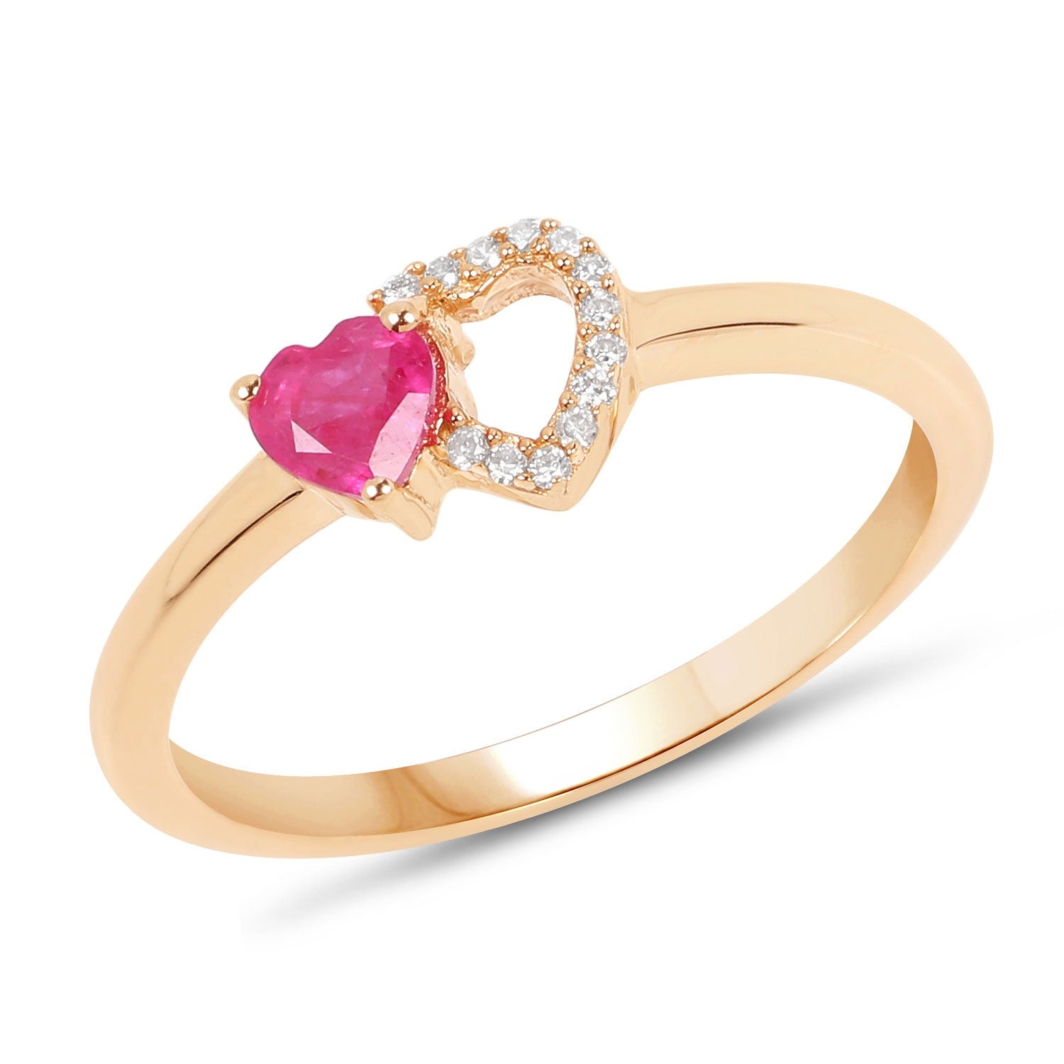 0.31 Ct Pink Ruby and White Diamond Prong 10K Yellow Gold Double Heart Ring