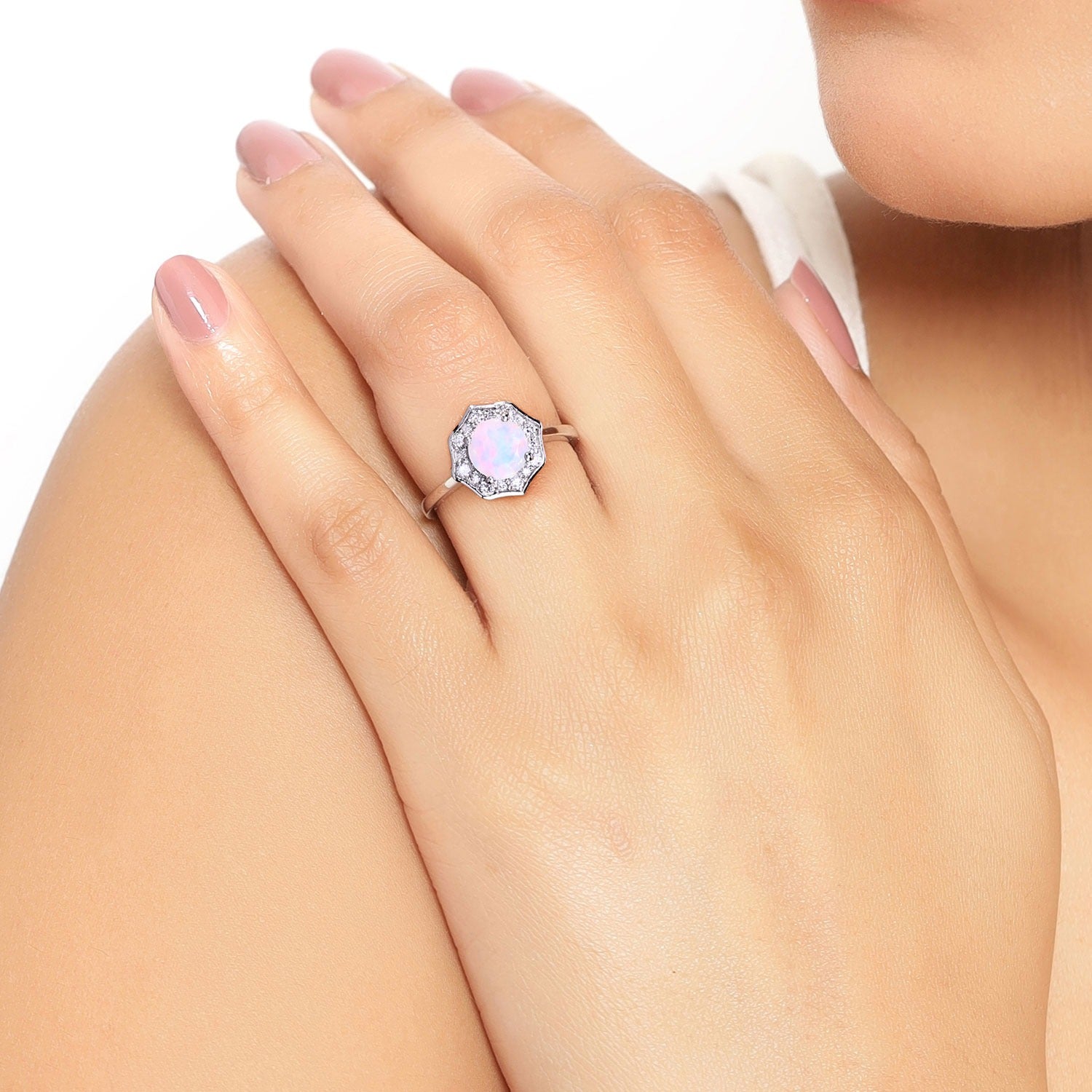 0.77 Ct Genuine Ethiopian Opal and Lab Diamond Sterling Silver Halo Ring Fine Color Jewels