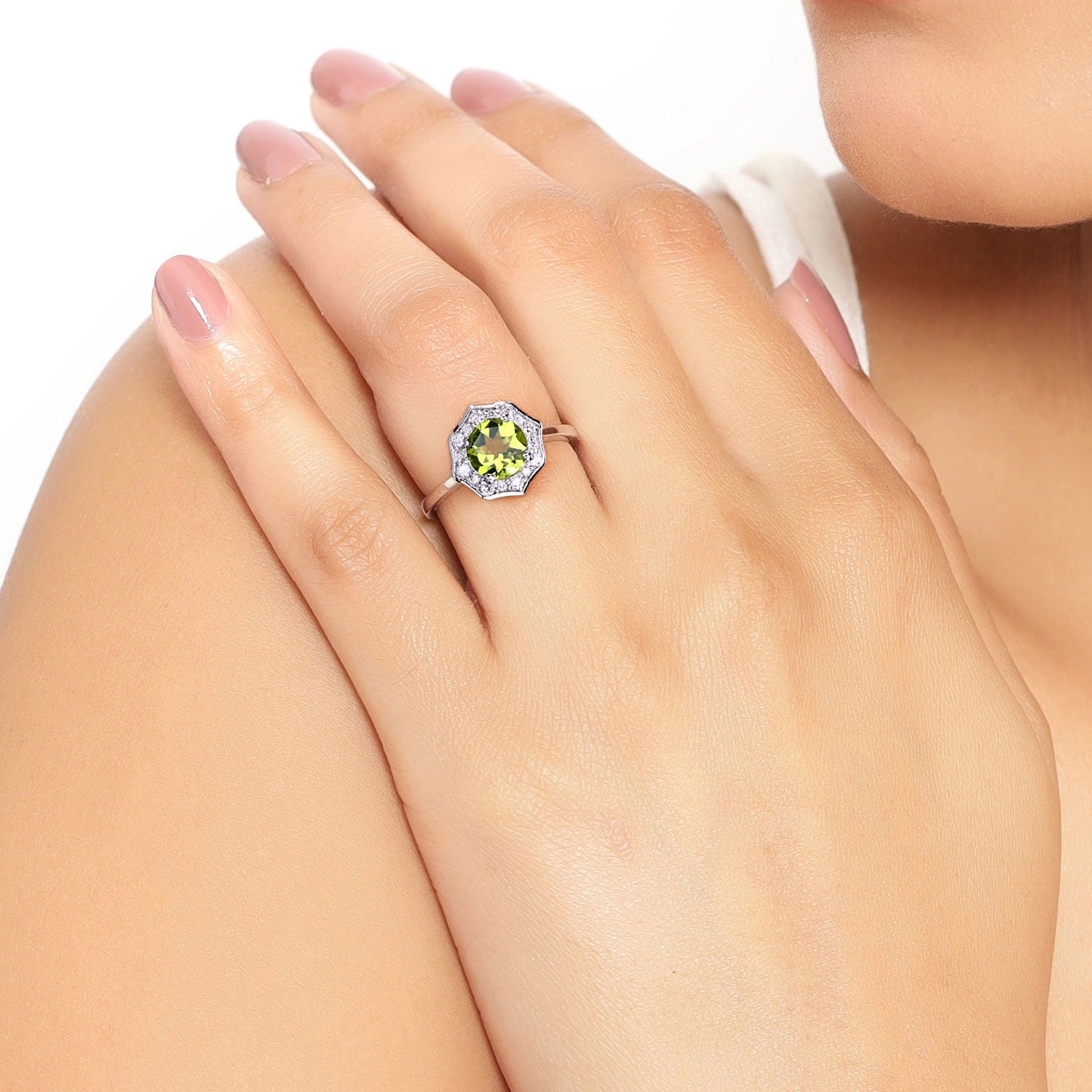 1.27 Ct Genuine Green Peridot and Lab Diamond Sterling Silver Halo Ring Fine Color Jewels