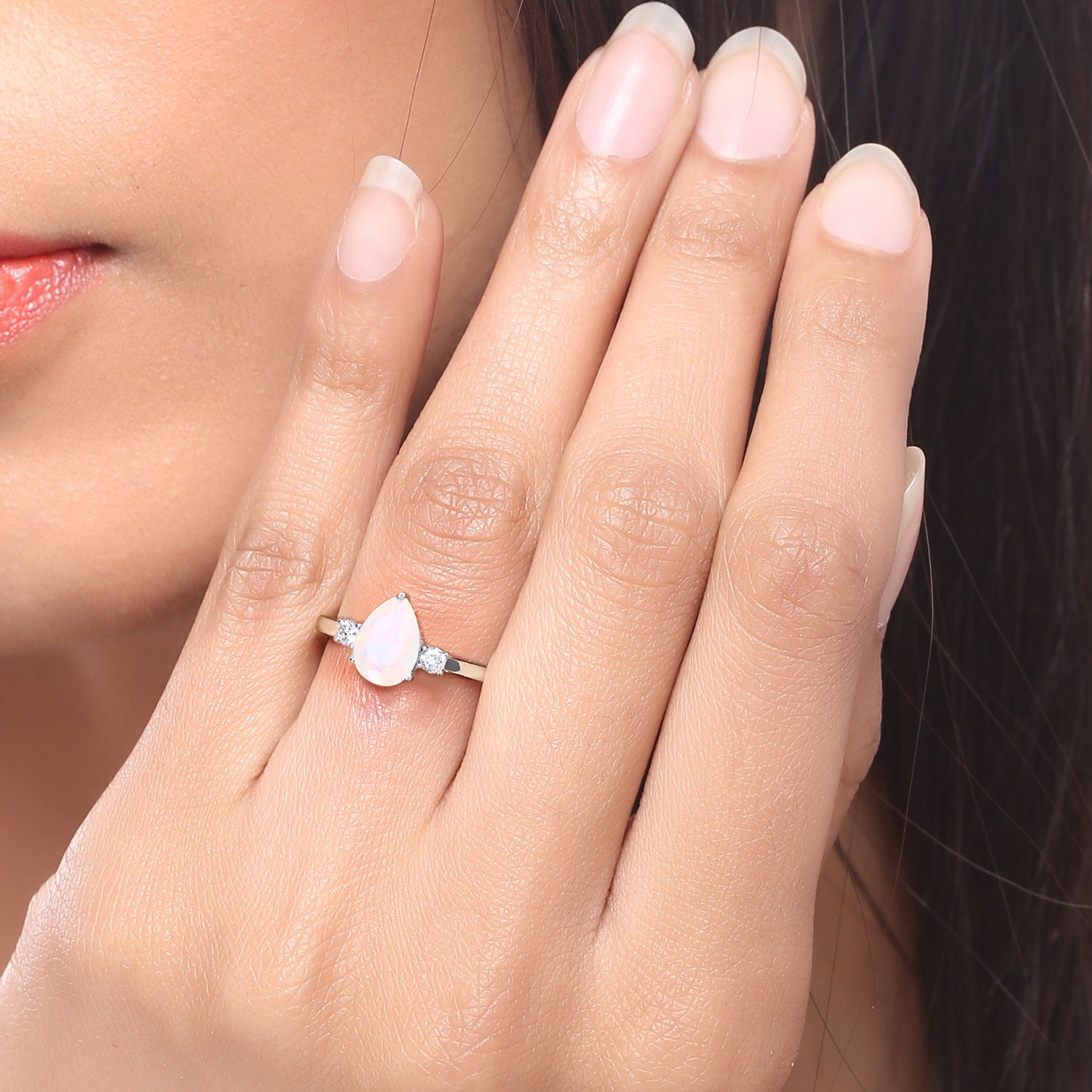 1.02 Ct Genuine Pear Shaped Ethiopian Opal and Lab Diamond Silver 3 Stone Ring Fine Color Jewels