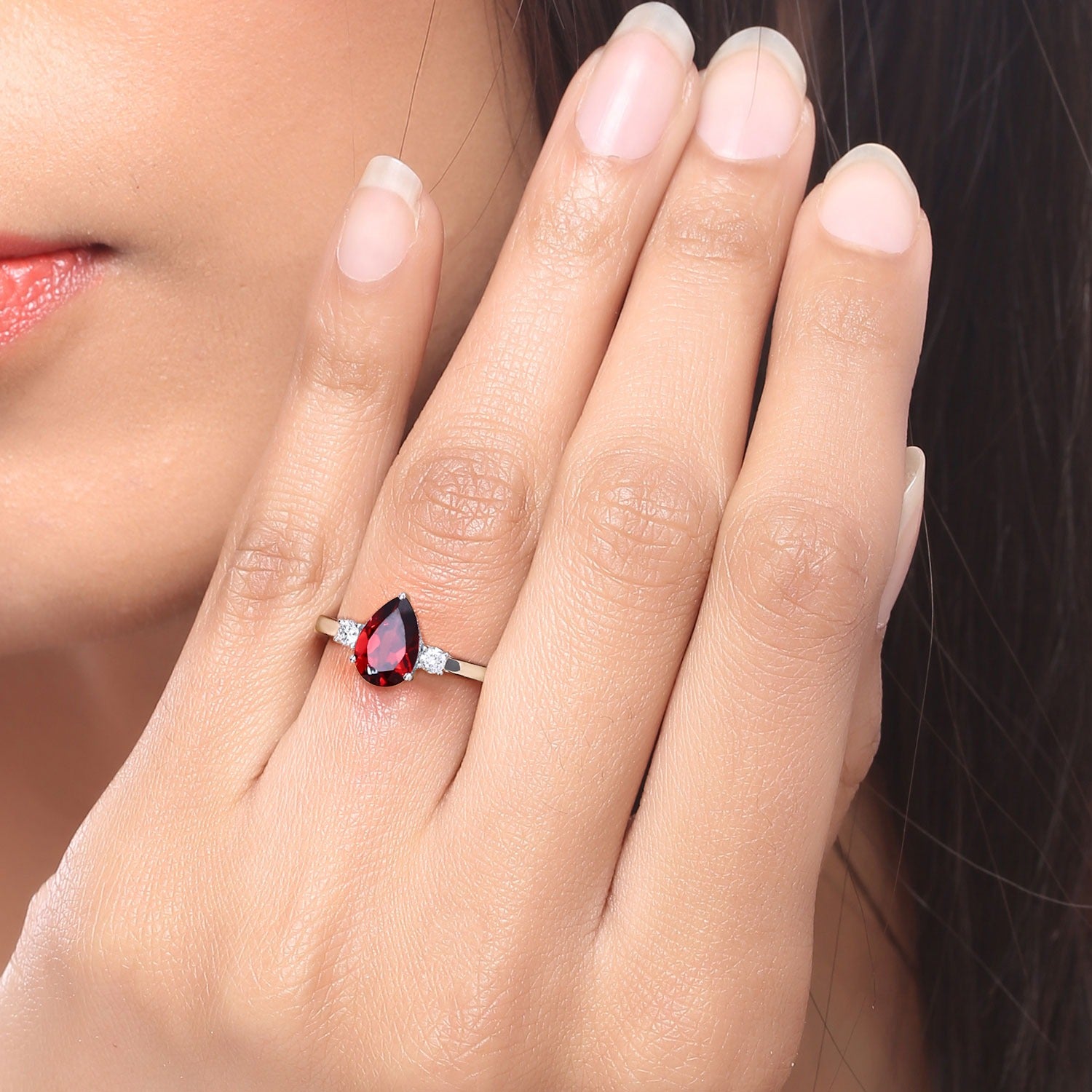 1.42 Ct Genuine Pear Shaped Mozambique Garnet and Lab Diamond Silver 3 Stone Ring Fine Color Jewels