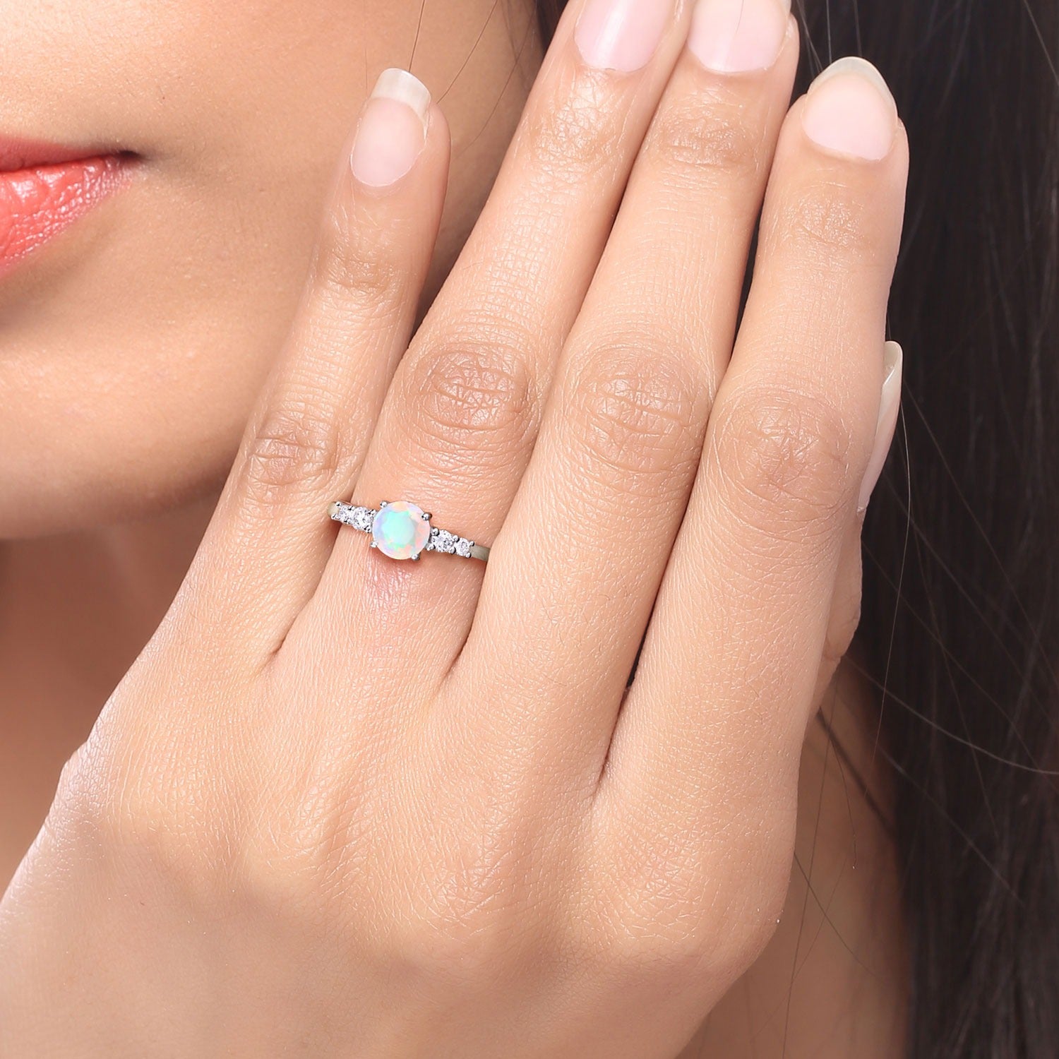 0.79 Ct Genuine Ethiopian Opal and Lab Diamond Silver 5 Stone Ring Fine Color Jewels