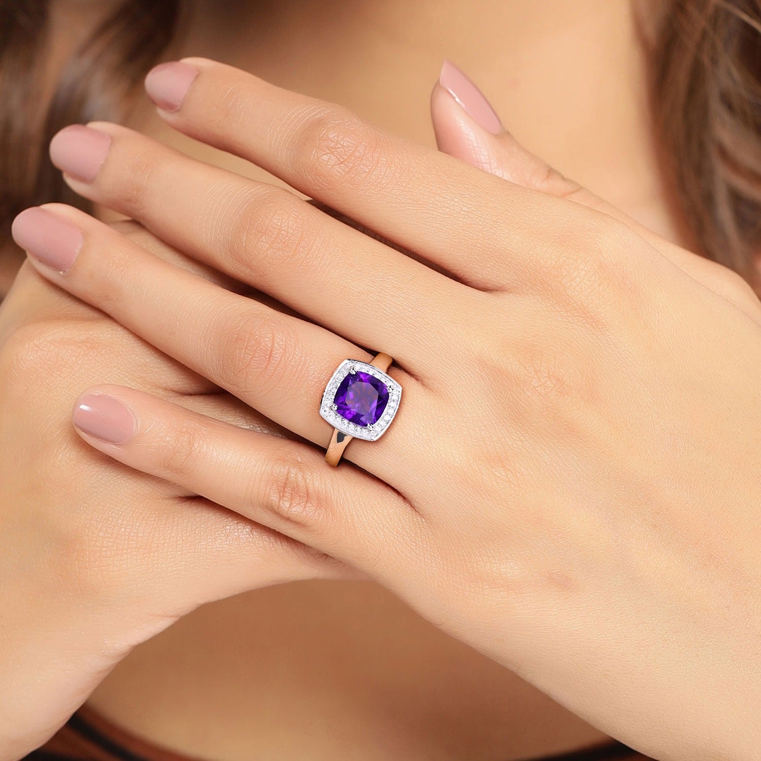 1.97 Ct Genuine Cushion Cut Amethyst and Lab Diamond Silver Halo Ring Fine Color Jewels