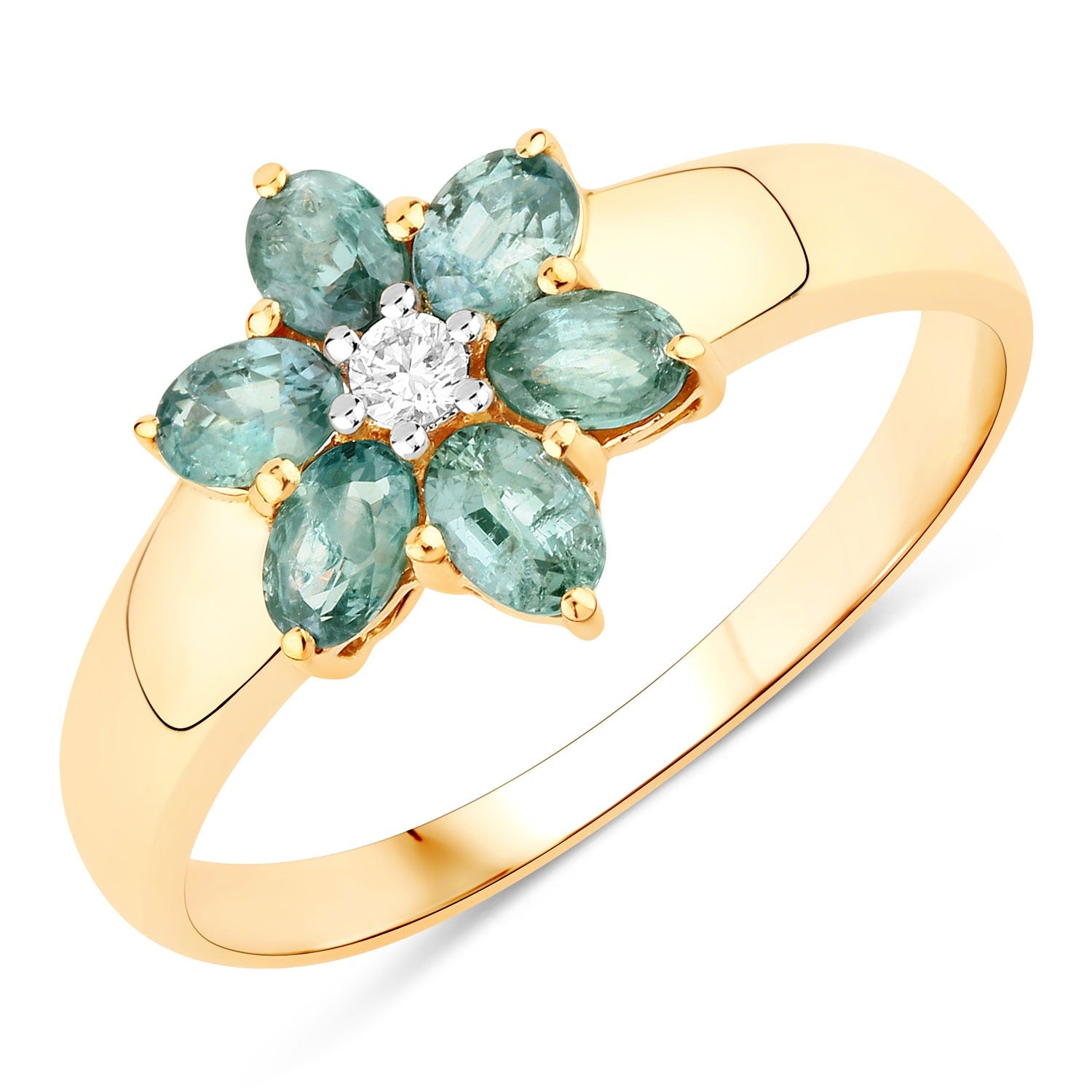 0.81 Ct Genuine Green Alexandrite and Diamond 18K Yellow Gold Flower Ring