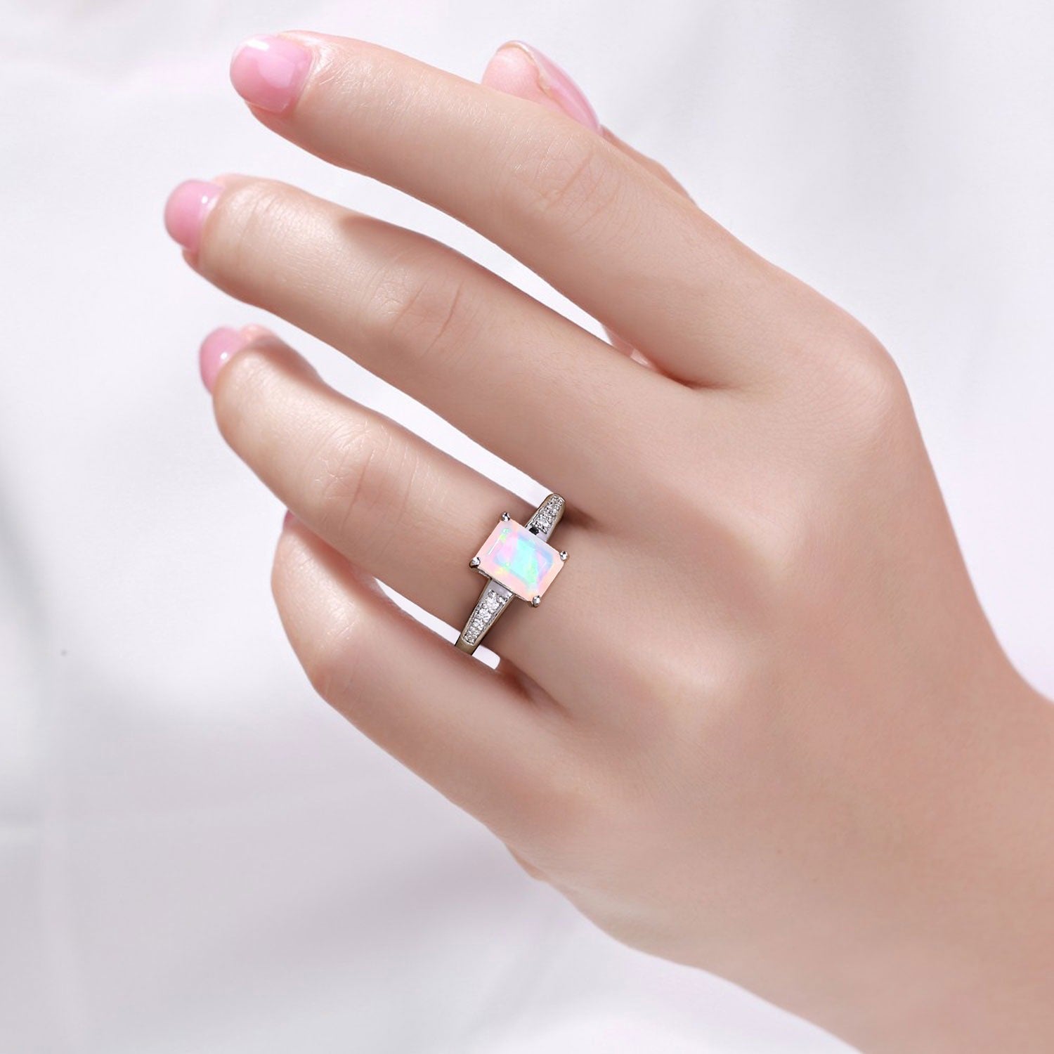 1.14 Ct Genuine Ethiopian Opal and Lab Diamond Silver Octagon Bridge Ring Fine Color Jewels