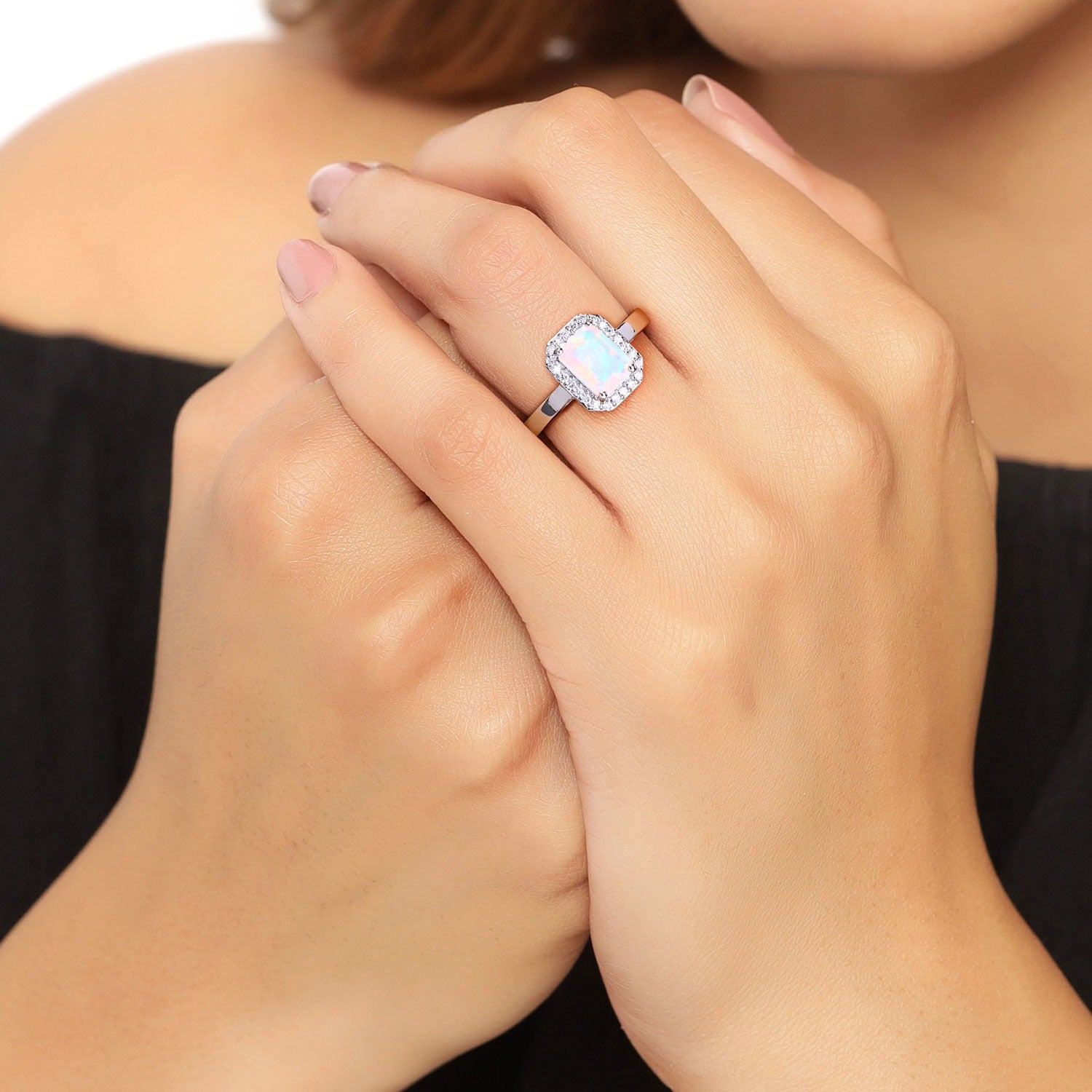 1.23 Ct Genuine Ethiopian Opal and Lab Diamond Octagon Silver Halo Octagon Ring Fine Color Jewels