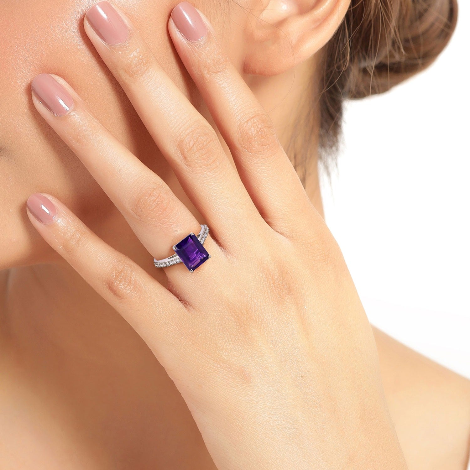 3.43 Ct Genuine Purple Amethyst and Lab Diamond Statement Pave Bridge Ring Fine Color Jewels