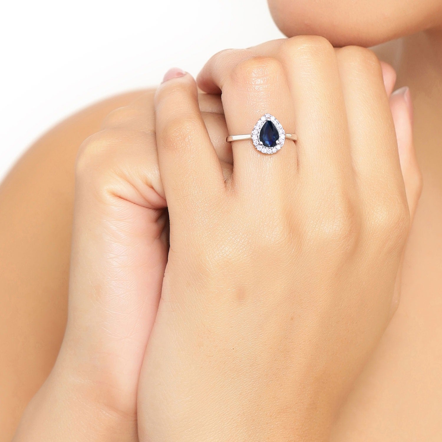 0.94 Ct Genuine Pear Blue Sapphire and Lab Grown Diamond Silver Halo Ring