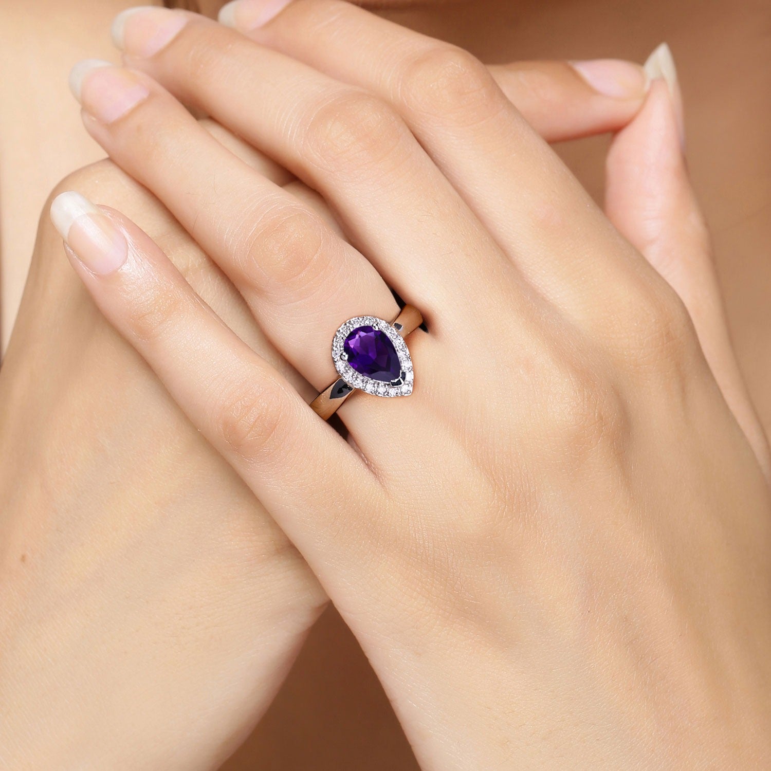 1.33 Ct Genuine Amethyst and Lab Grown Diamond Silver Teardrop Ring