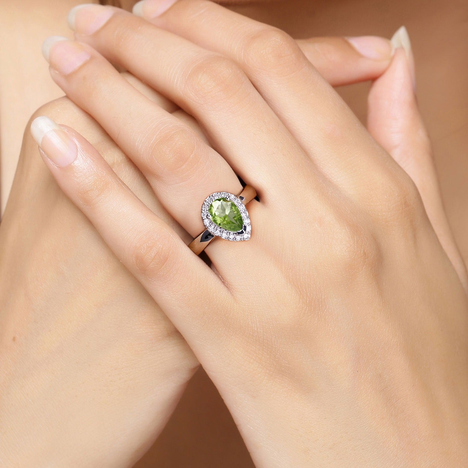 1.28 Ct Genuine Pear Shaped Peridot and Lab Diamond Silver Halo Engagement Ring