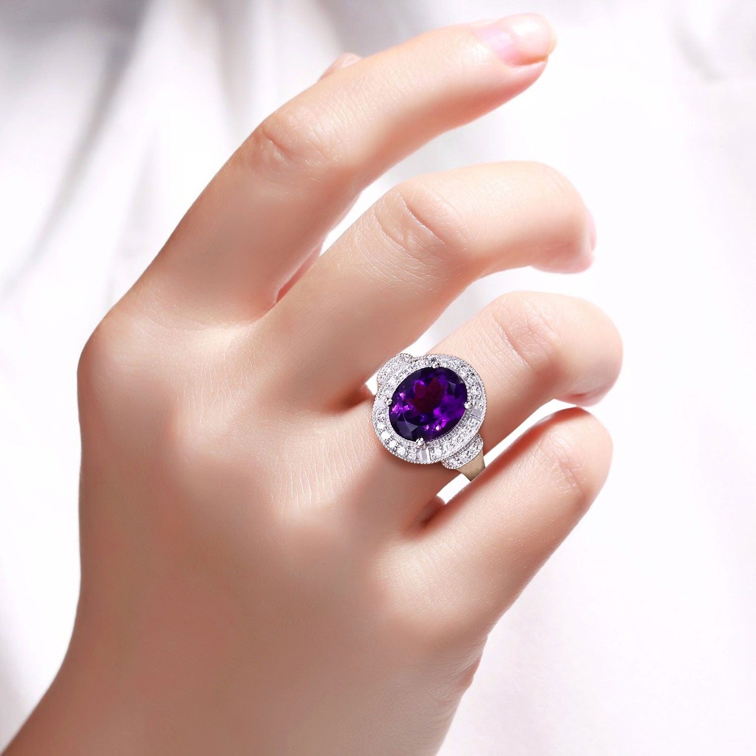 3.54 Ct Genuine Amethyst and Lab Diamond Silver Statement Ring Fine Color Jewels