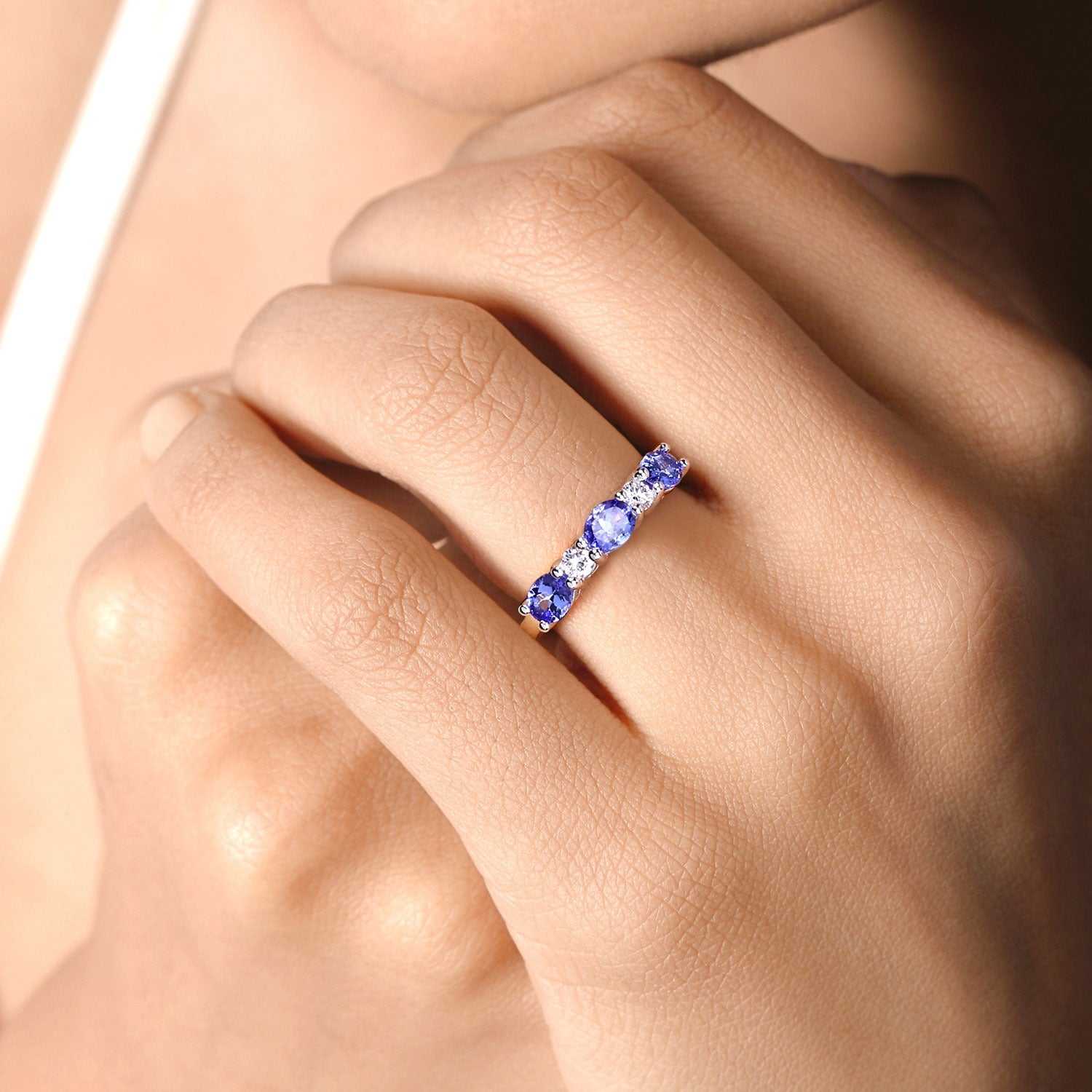 1.19 Ct Genuine Tanzanite and Lab Diamond Silver 5 Stone Ring Fine Color Jewels