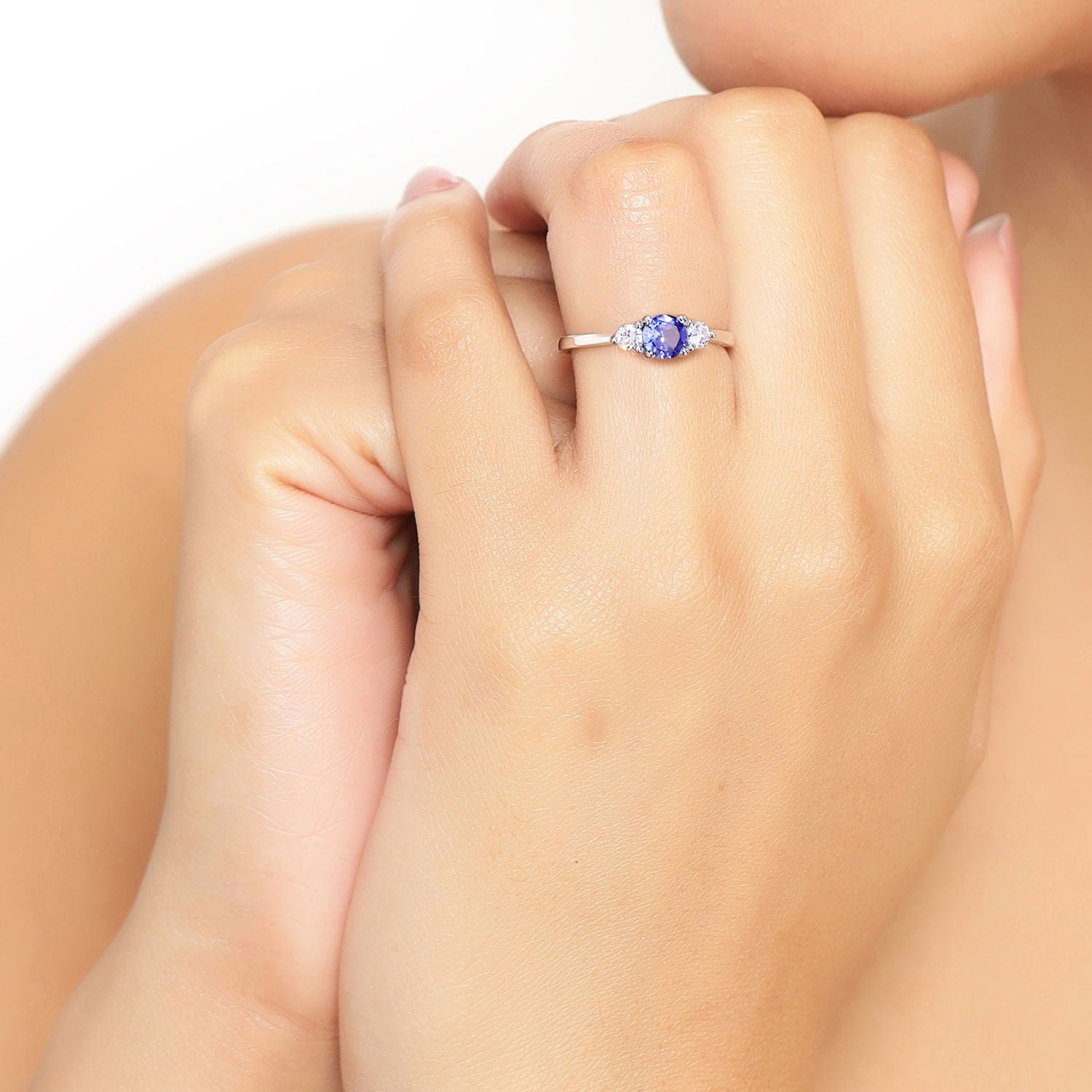 0.69 Ct Genuine Tanzanite and Lab Diamond Silver 3 Stone Ring Fine Color Jewels