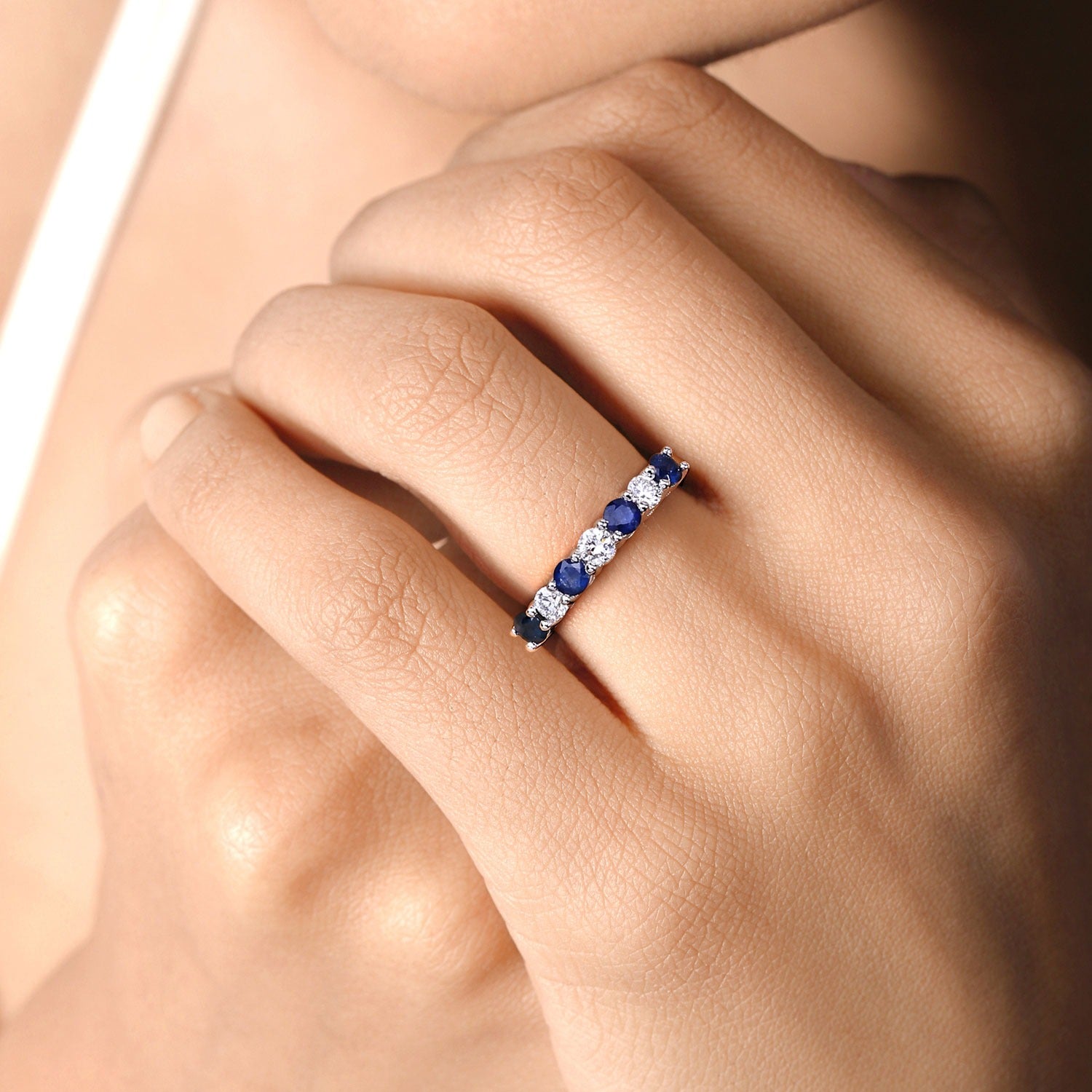 0.85 Ct Genuine Blue Sapphire Lab Diamond Silver Eternity Ring Fine Color Jewels