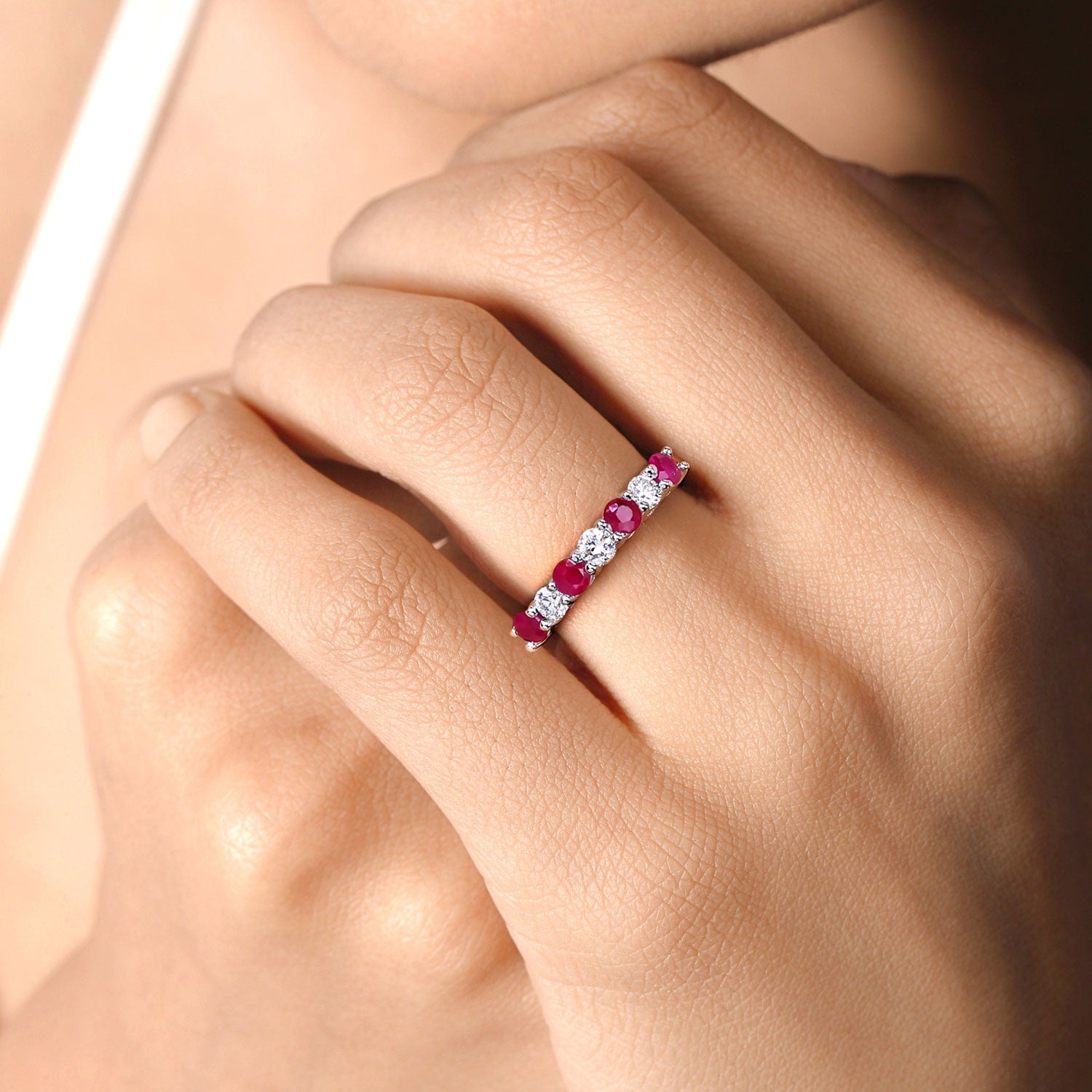 0.85 Ct Genuine Mozambique Ruby Lab Diamond Silver Eternity Ring Fine Color Jewels