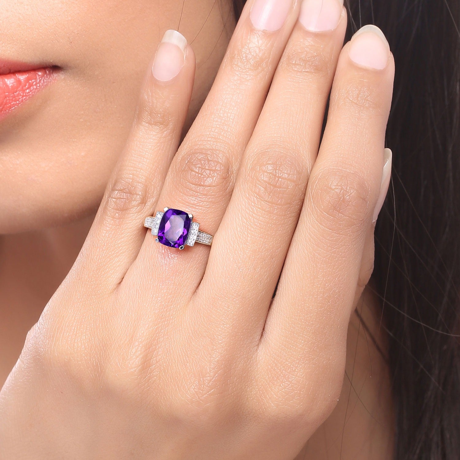 2.78 Ct Genuine Amethyst and Lab Diamond Silver Cushion Cut Statement Ring Fine Color Jewels