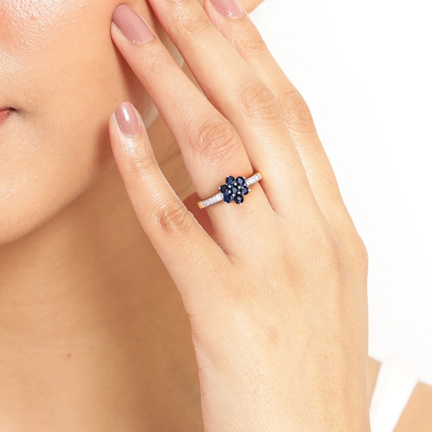 0.55 Ct Genuine Blue Sapphire and Lab Diamond Silver Floral Ring Fine Color Jewels