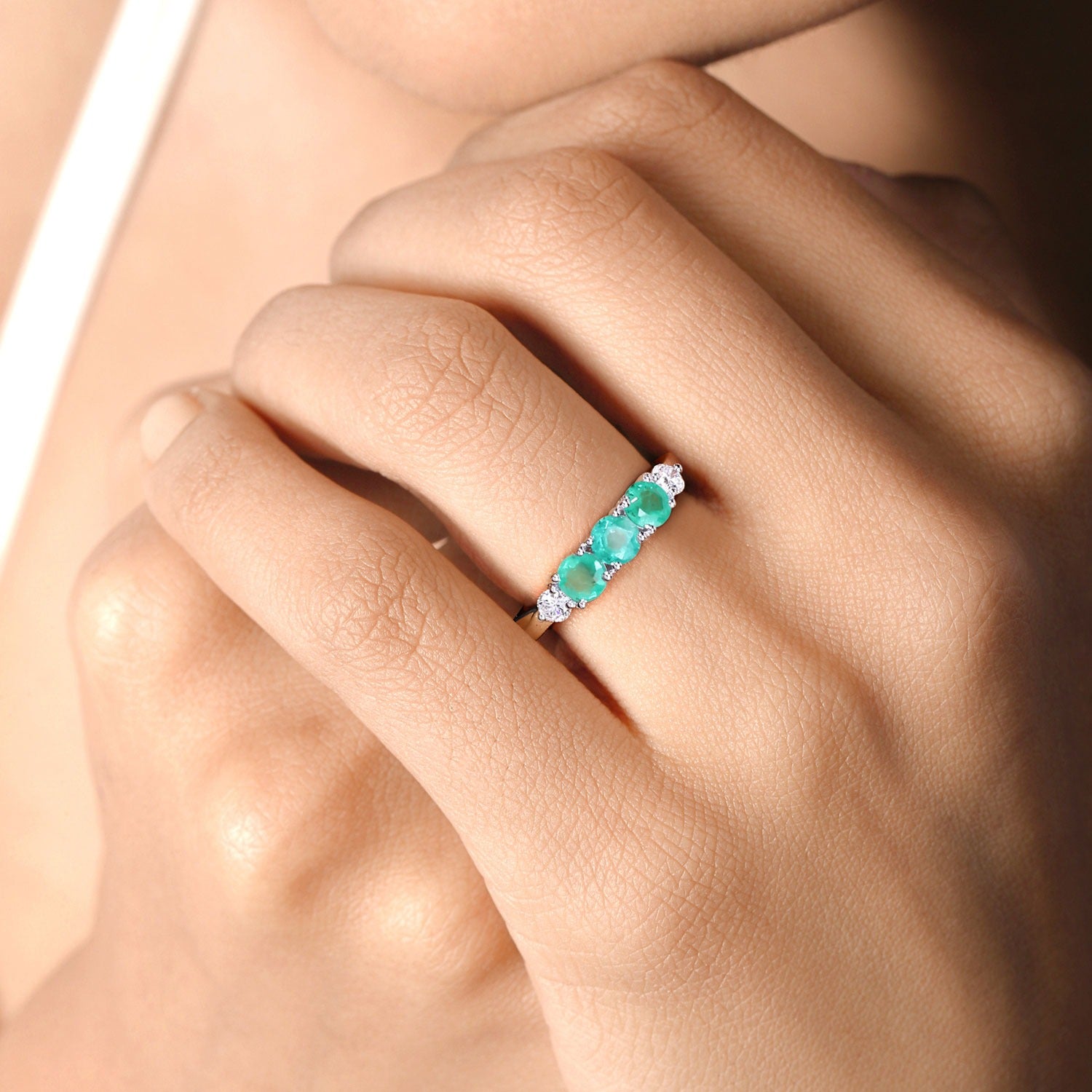 0.91 Ct Genuine Zambian Emerald and Lab Diamond Silver 5 Stone Ring Fine Color Jewels