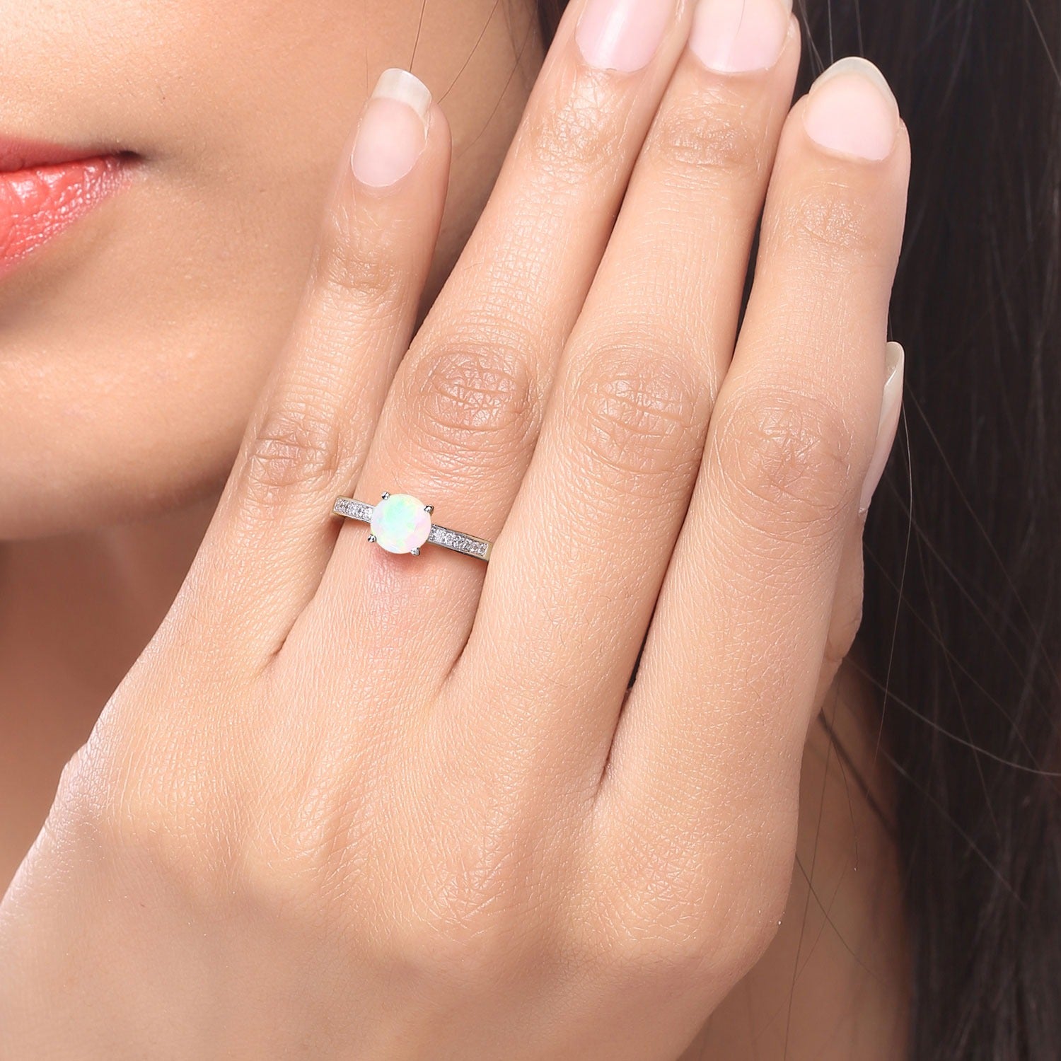 0.75 Ct Genuine Ethiopian Opal and Lab Diamond Silver Pave Ring