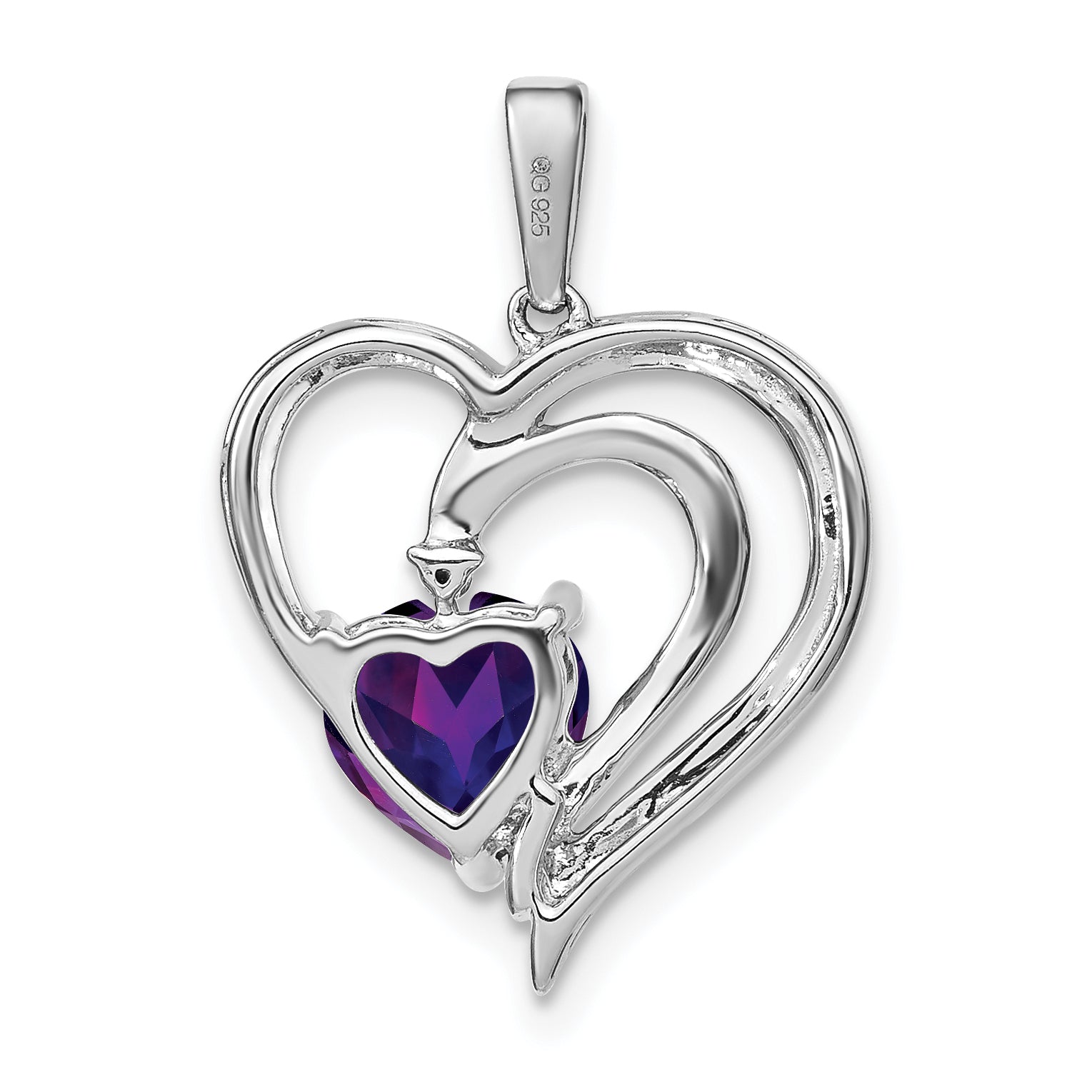 Sterling Silver Amethyst  Diamond Heart Pendant
