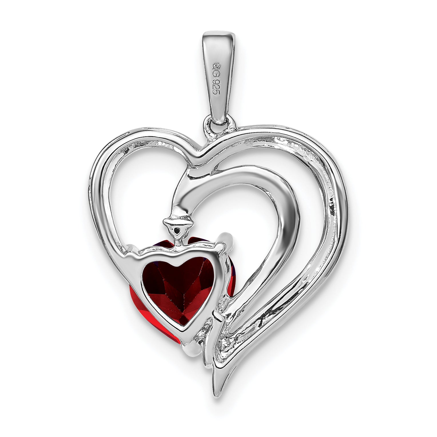 Sterling Silver Red Garnet Diamond Heart Pendant