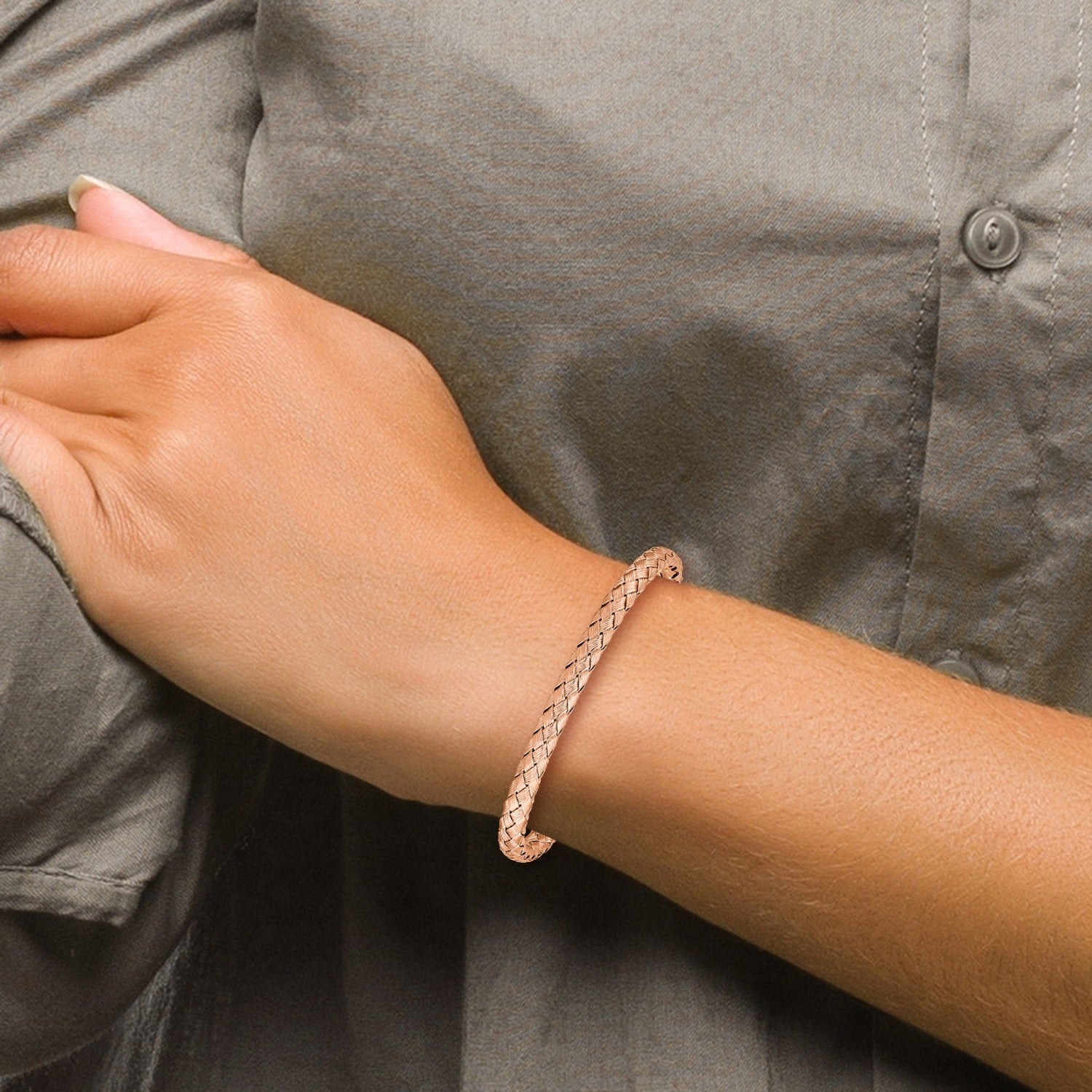 Silver Rose-tone Textured Slip On Bangle Bracelet