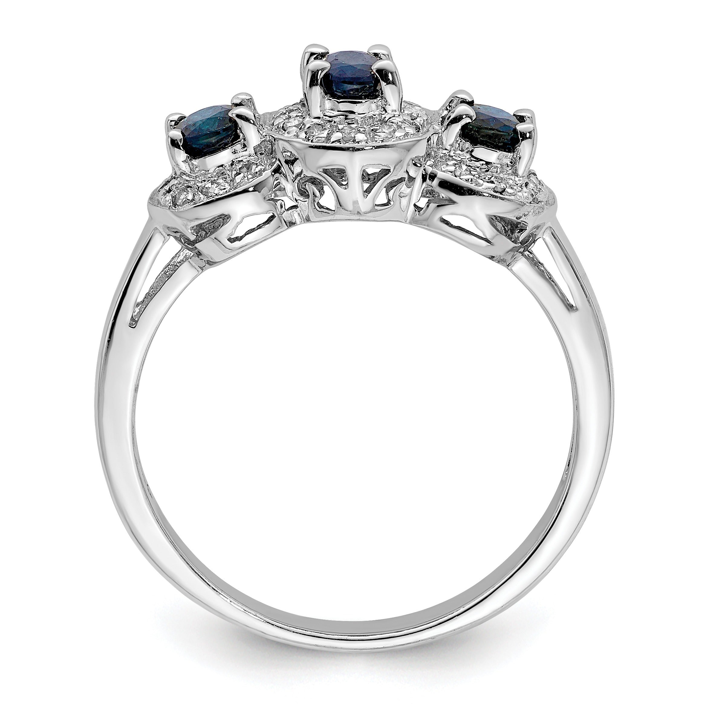Blue Oval Sapphire and Diamond Prong Sterling Silver Three Stone Halo Ring