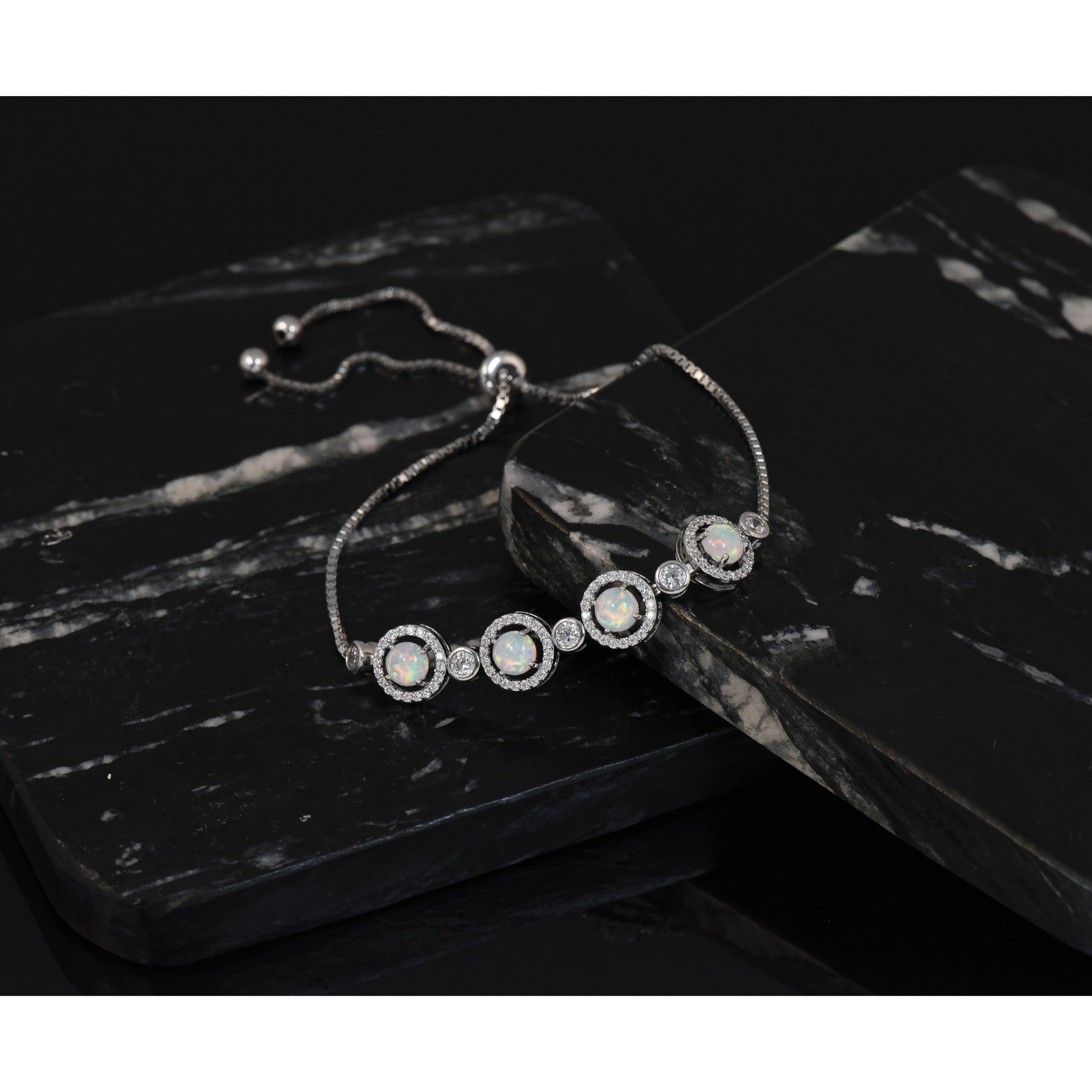 Silver Created Opal and CZ Slip On Adjustable Bracelet