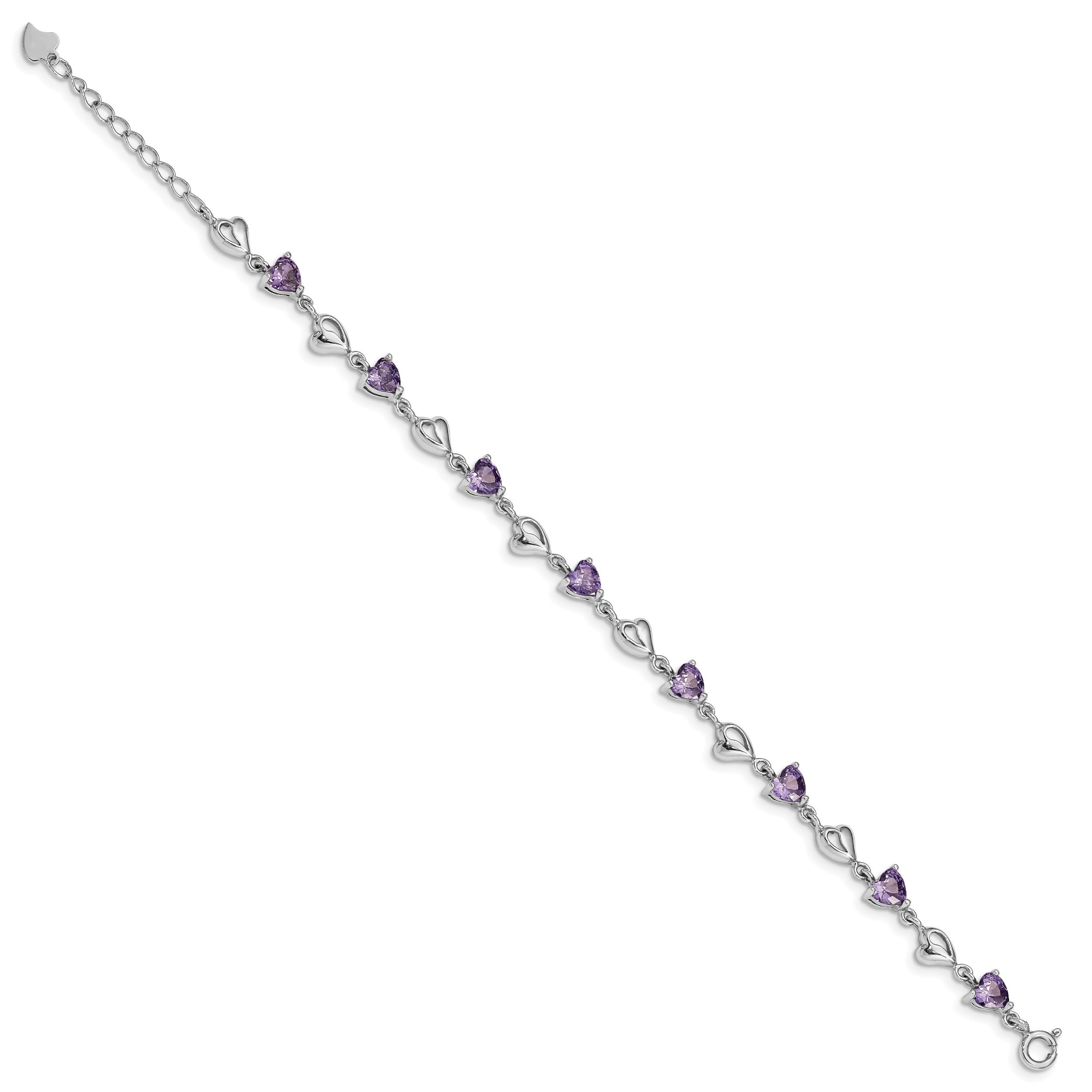 Silver Purple Amethyst Hearts Bracelet