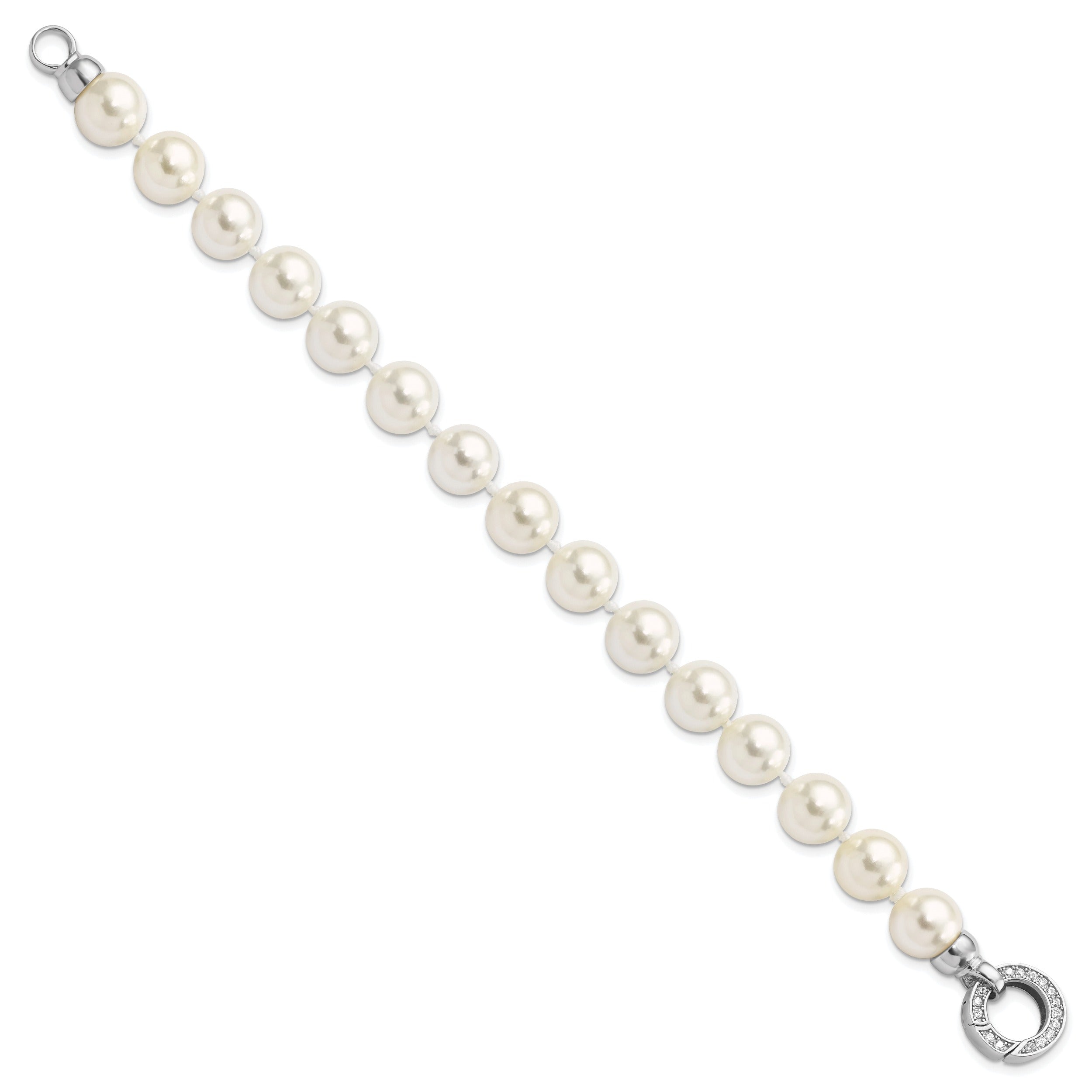 Sterling Silver Rhodium-plated Shell Pearl Hand-knotted Fancy Bracelet