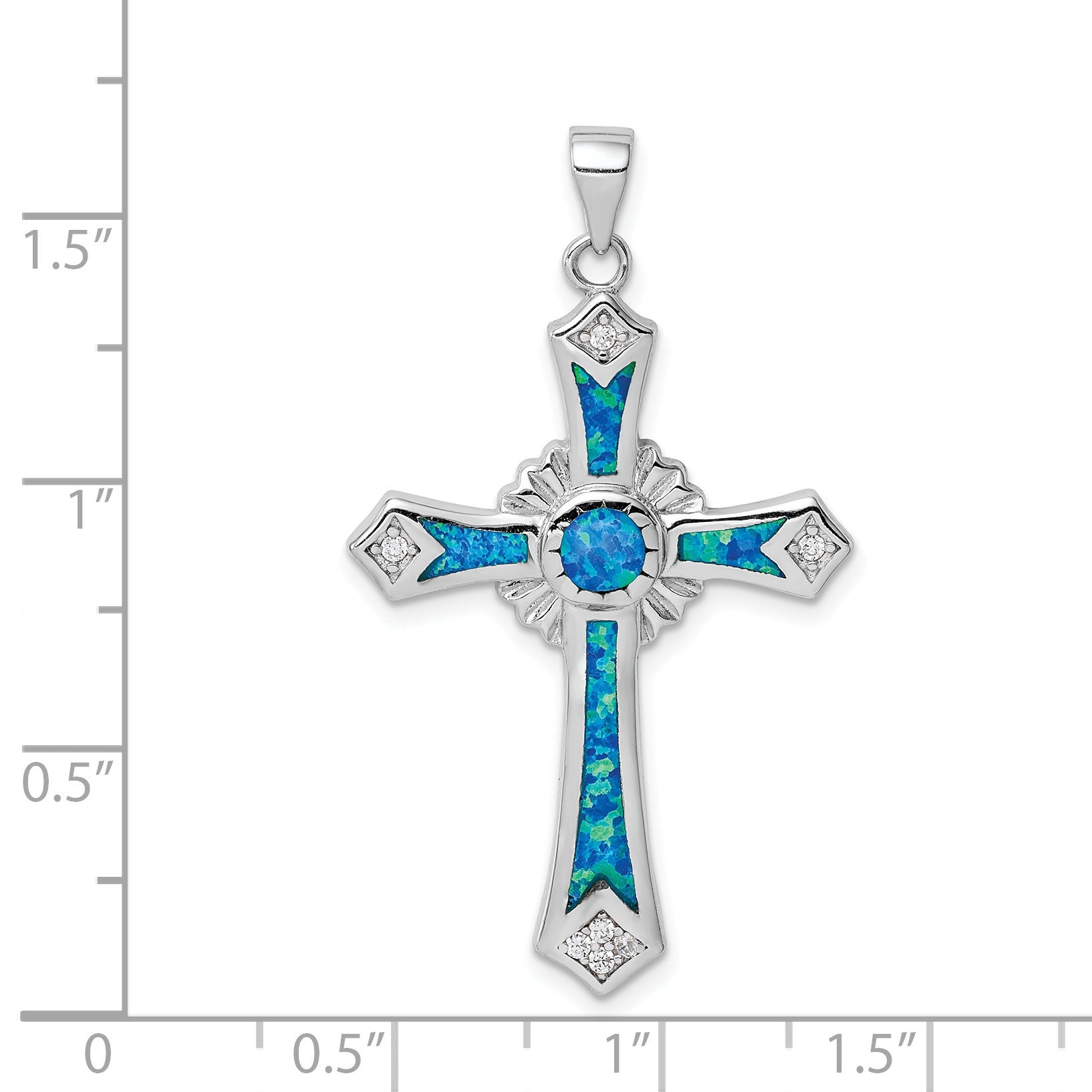 Sterling Silver Lab Created Blue Opal and Cubic Zirconia Cross Pendant