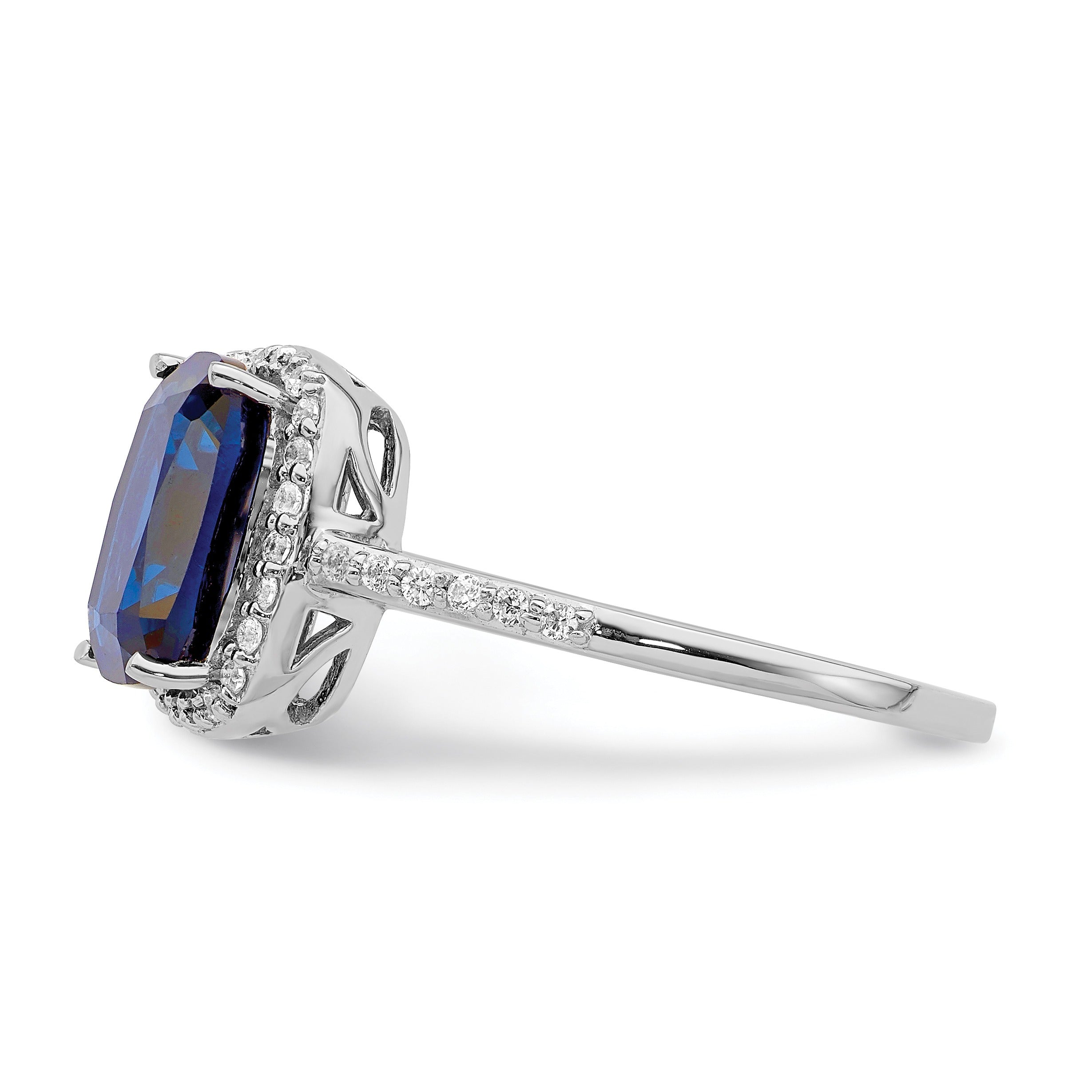 2.3 Ct Cushion Blue Created Sapphire & CZ Prong Rhodium-Plated Silver Halo Pave Band Ring