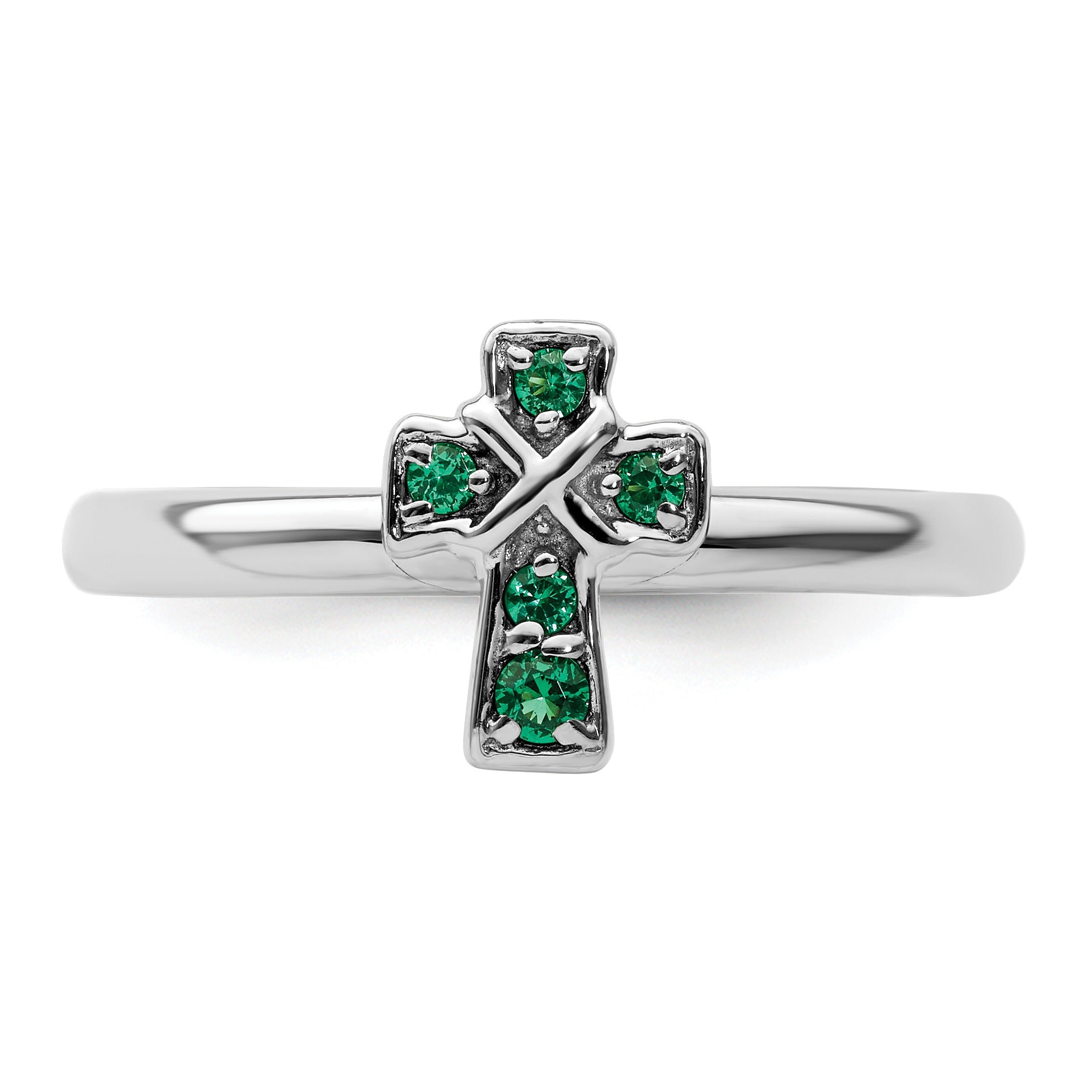 Lab Created Emerald Silver Stackable Cross Ring