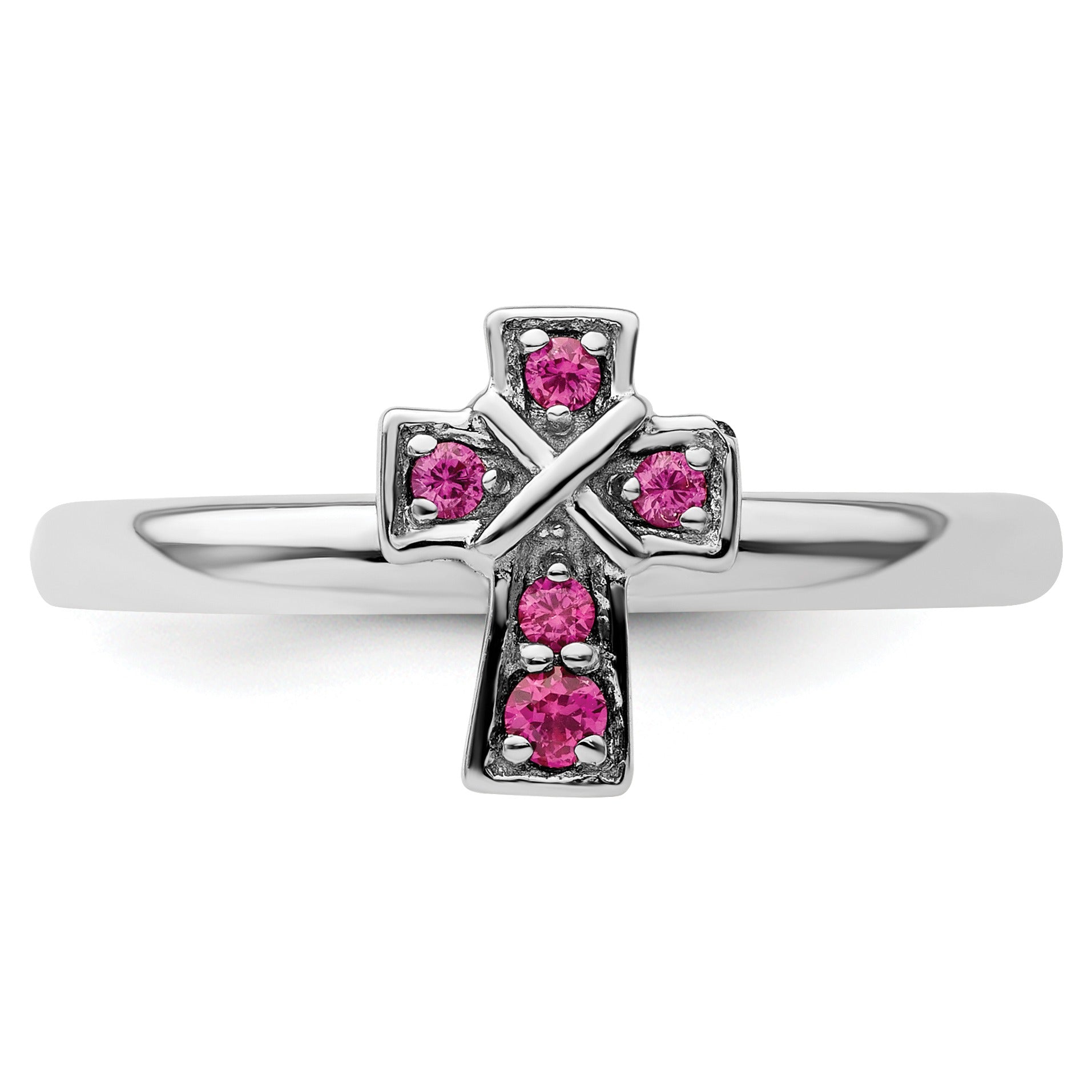Lab Created Ruby Silver Stackable Cross Ring