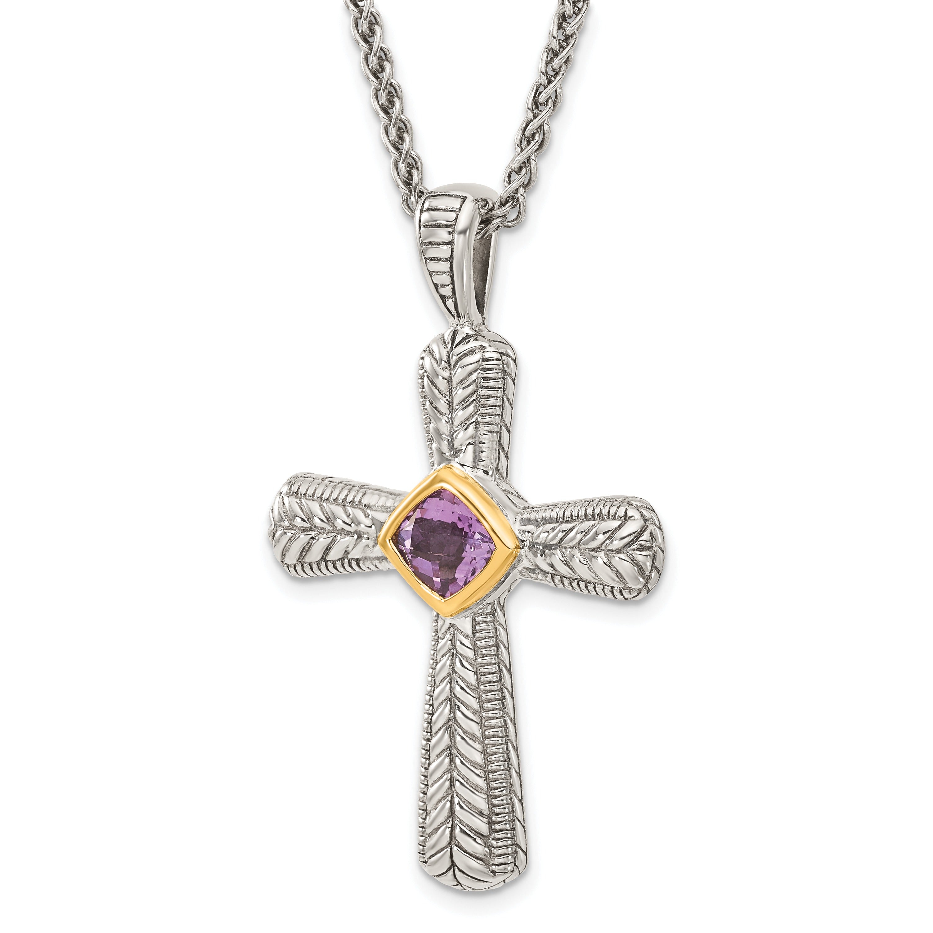 Purple Natural Amethyst Silver Cross Necklace