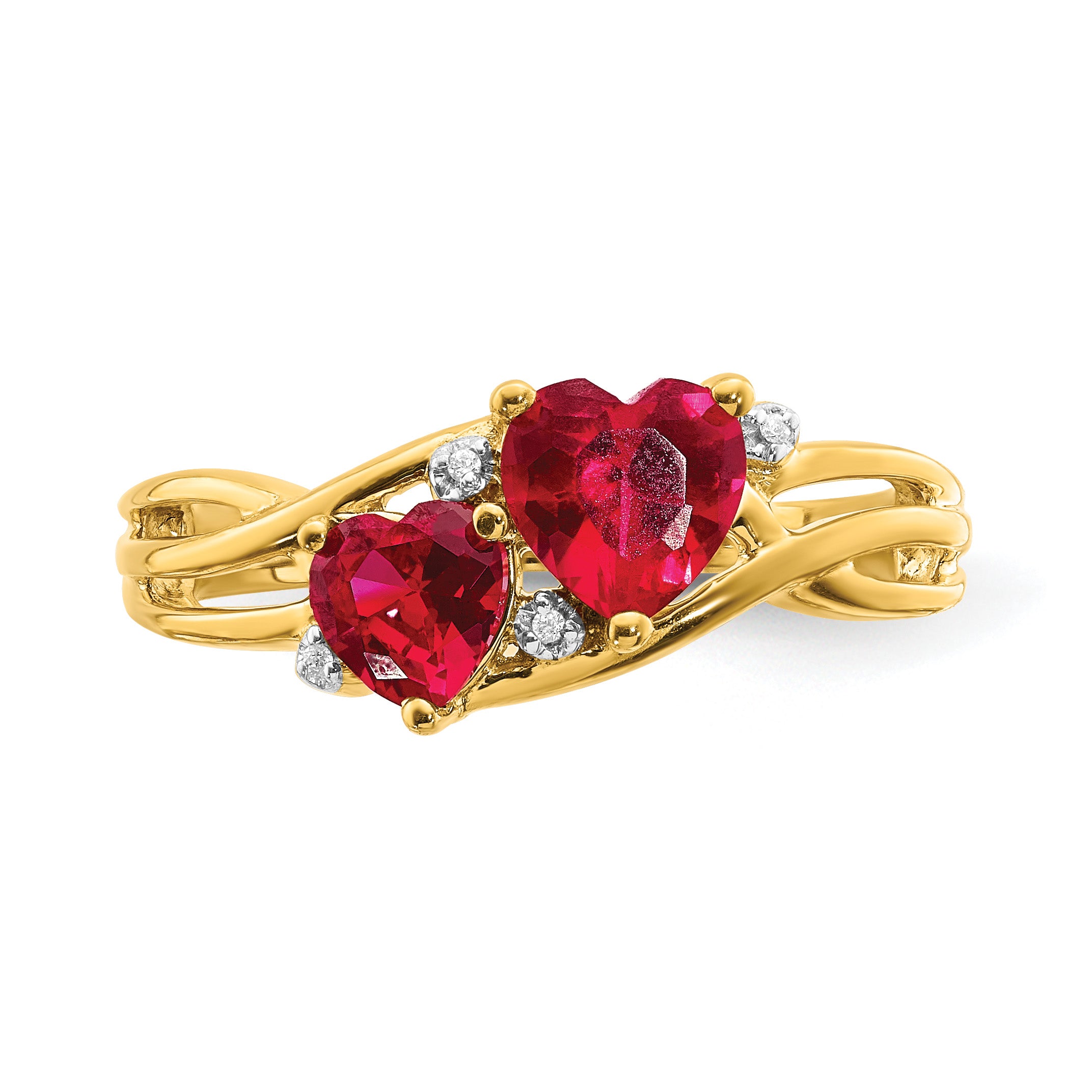 Gold Lab Created Ruby Diamond Double Heart Bypass Ring