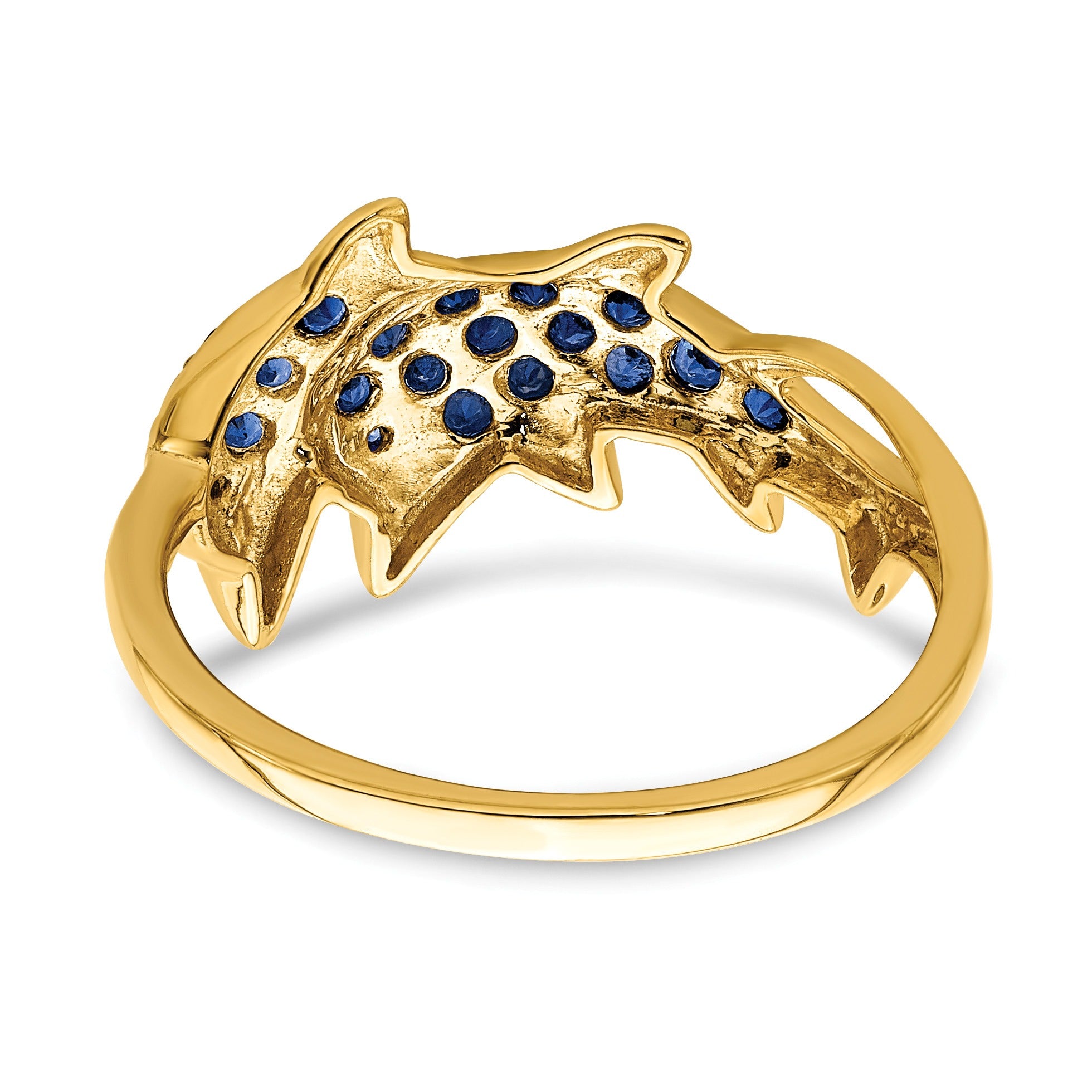 0.57 Ct Blue Sapphire and Diamond Prong 14k Yellow Gold Two Dolphins Ring