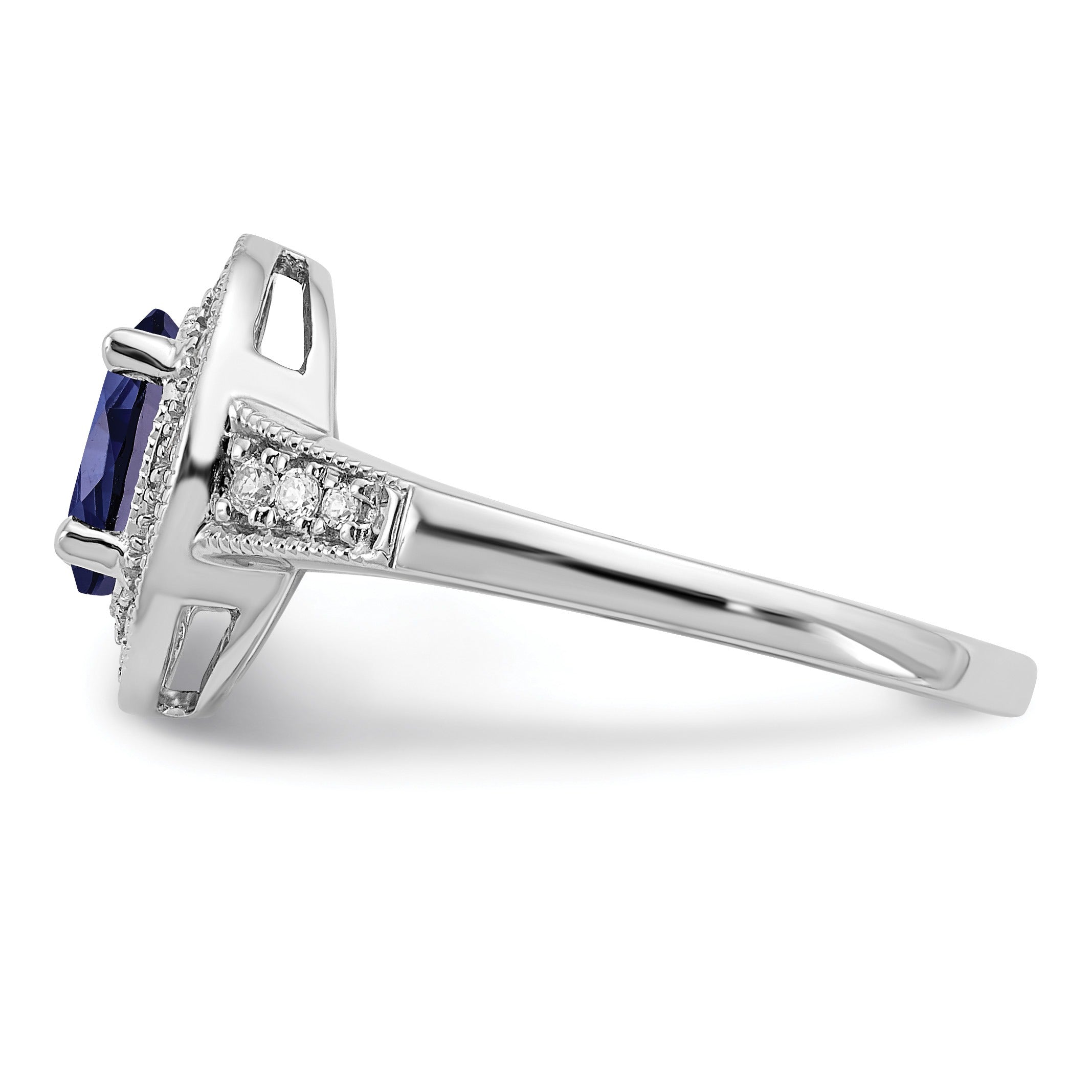 0.68 Ct Oval Lab Created Blue Sapphire and Diamond Prong 14K White Gold Halo Side Pave Ring